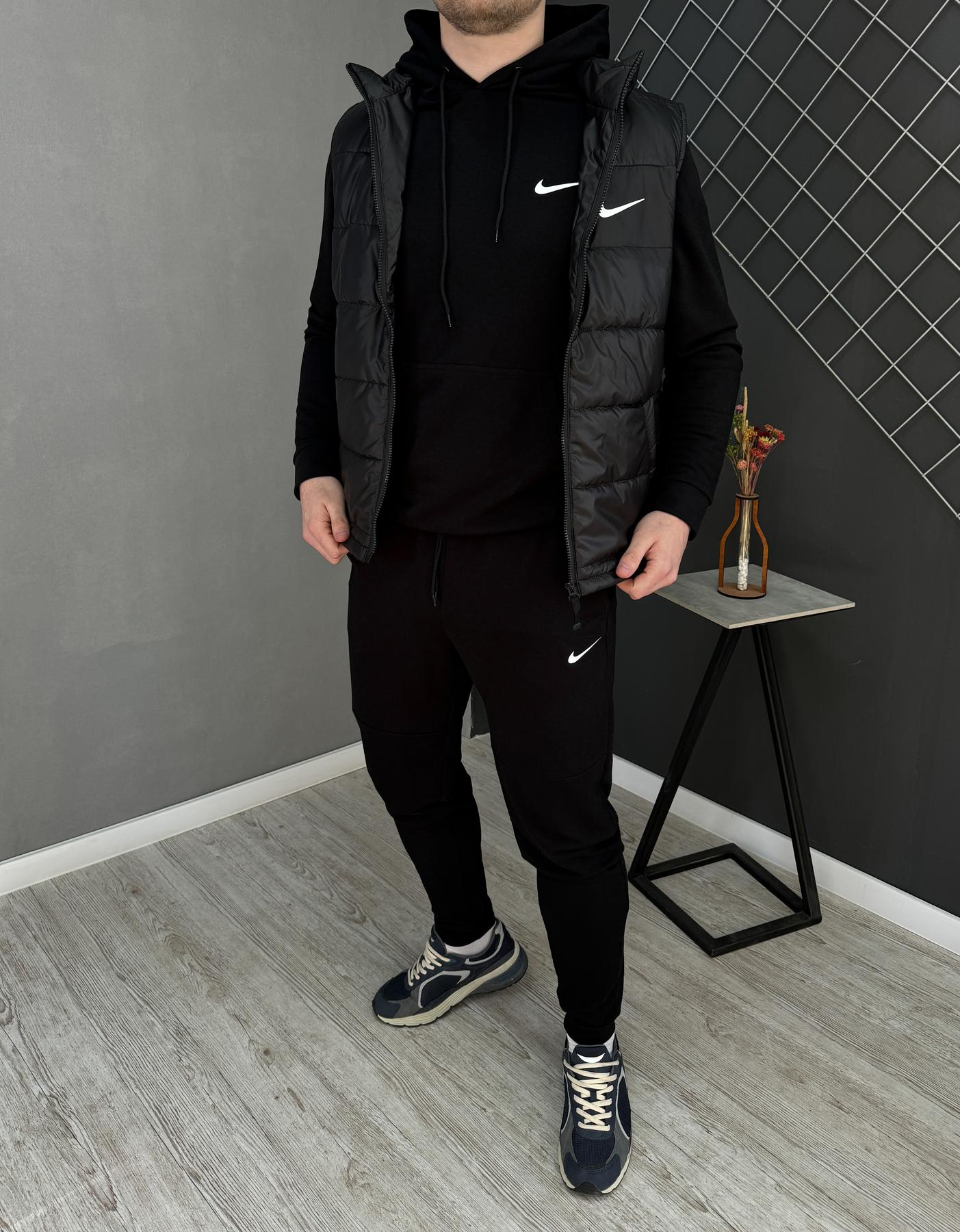 Демісезонний костюм худі/штани + жилетка Nike чоловічий чорний плащівка модний та трендовий з капюшоном комплект
