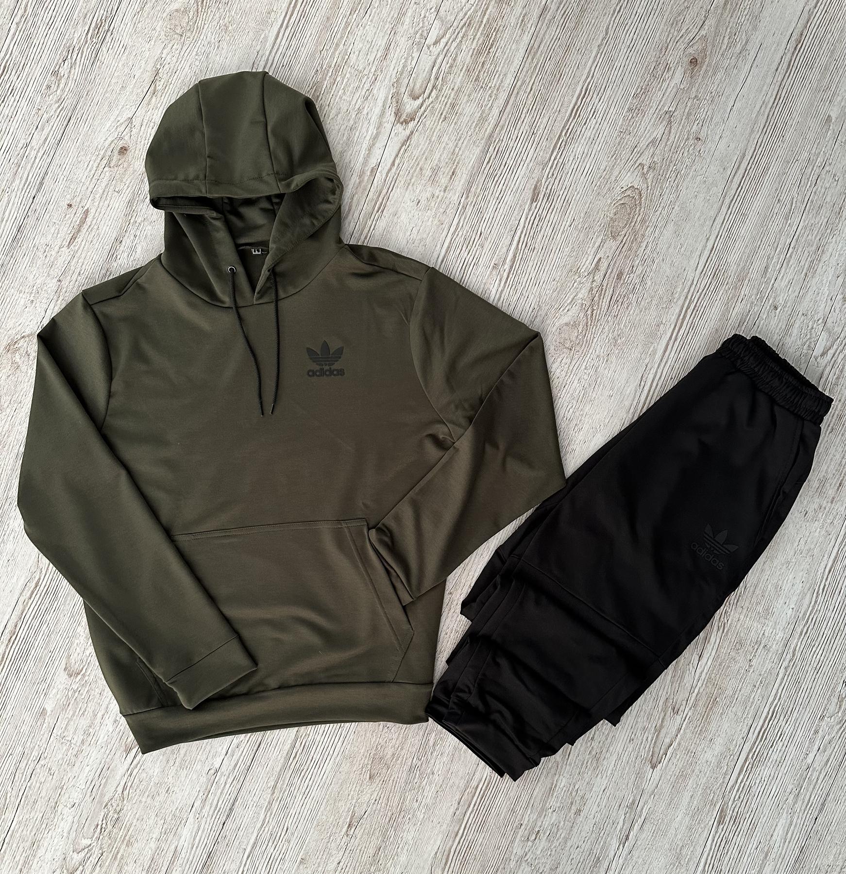 Демисезонный спортивный костюм Adidas худи хаки + штаны (двонитка) + Футболка черная Adidas мужской двунитка