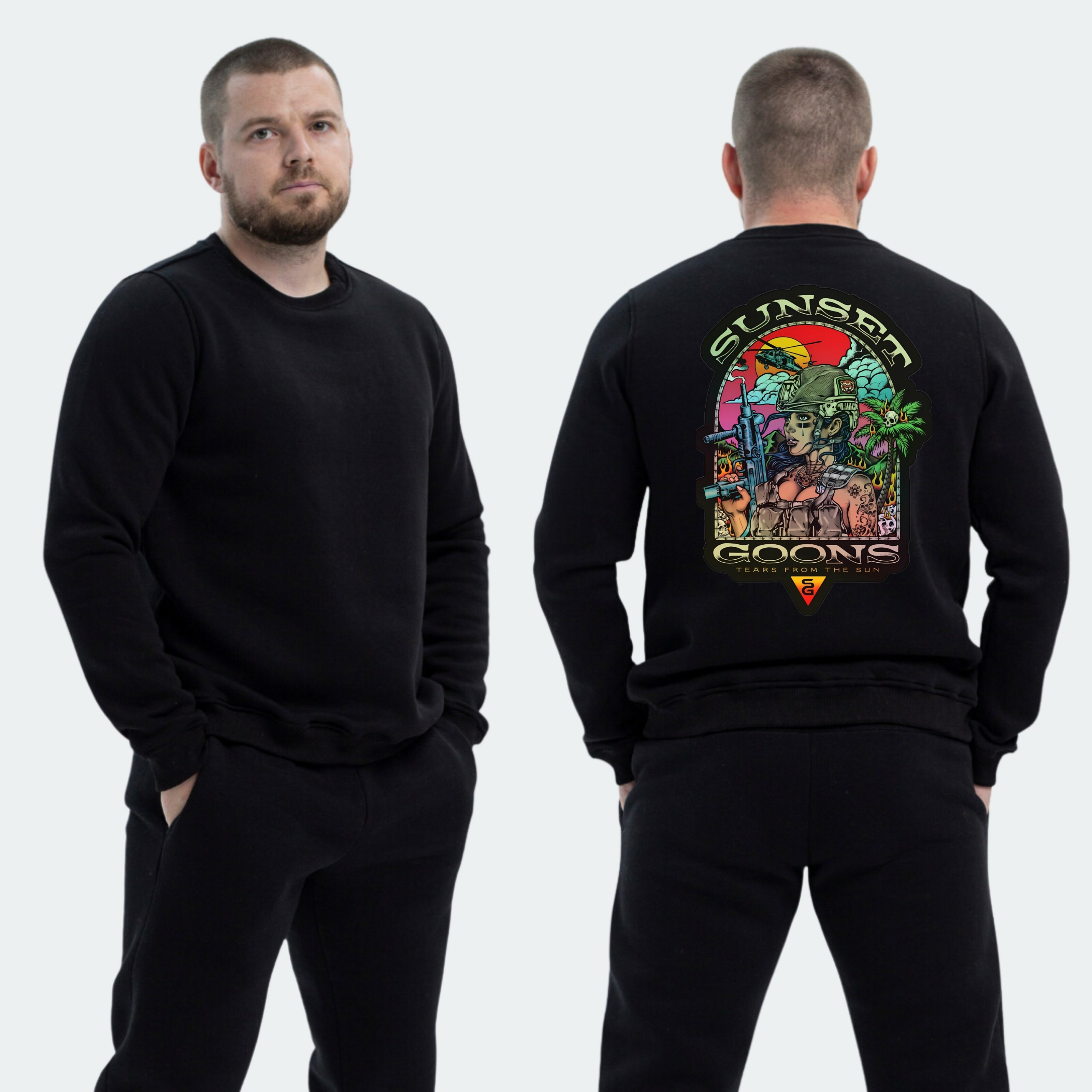 Чоловічий світшот на флісі з принтом Sunset Goons дівчина палають пальми гелікоптер, Чорний