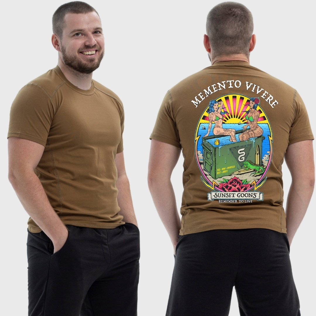 Чоловіча тактична футболка з принтом Sunset Goons дівчата ящик снарядів пляж сонце, Койот