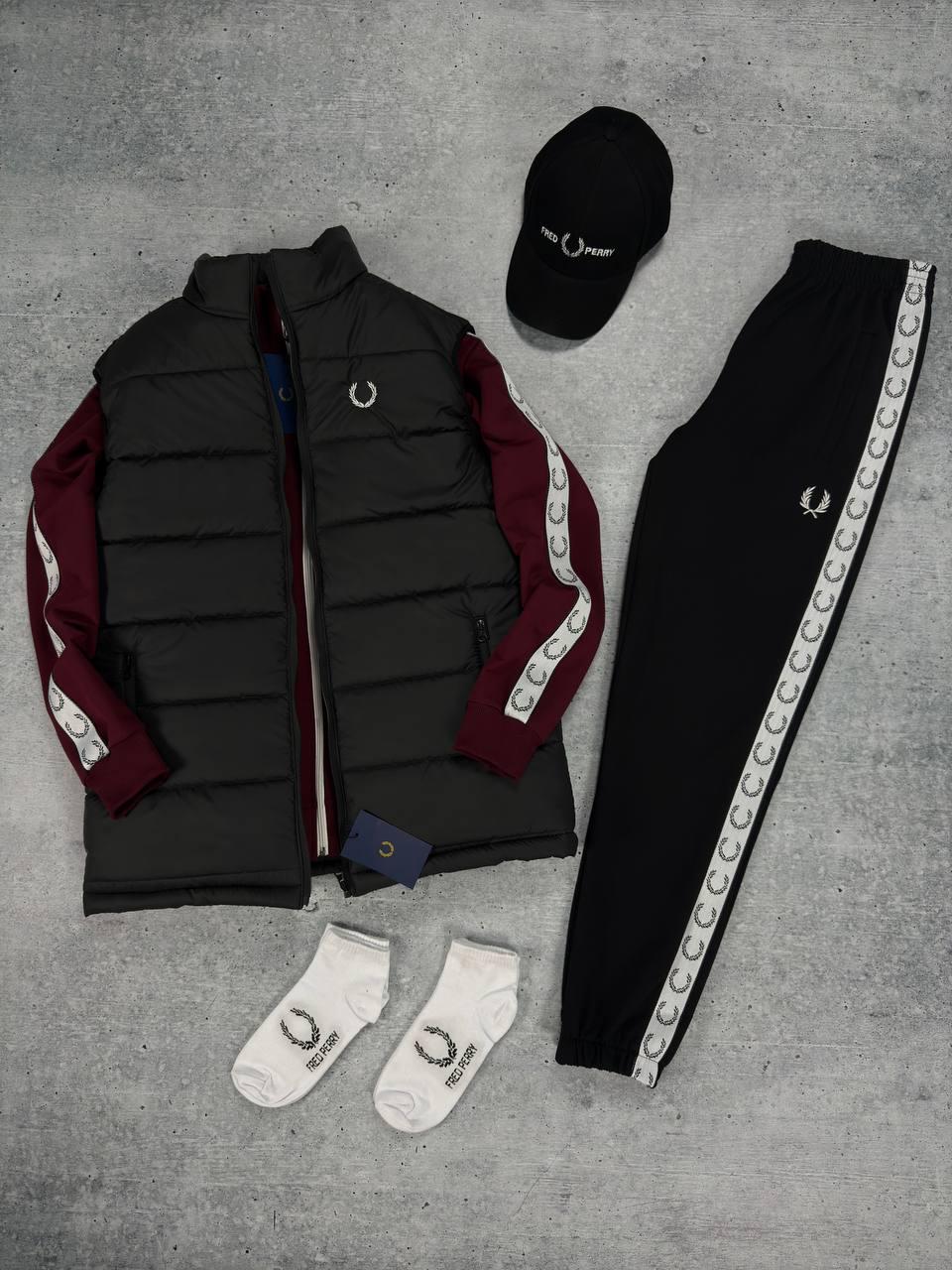 Набор Fred Perry жилет бордо кофта штаны кепка унисекс хлопковый всесезонный подарочный с вышивкой комплект