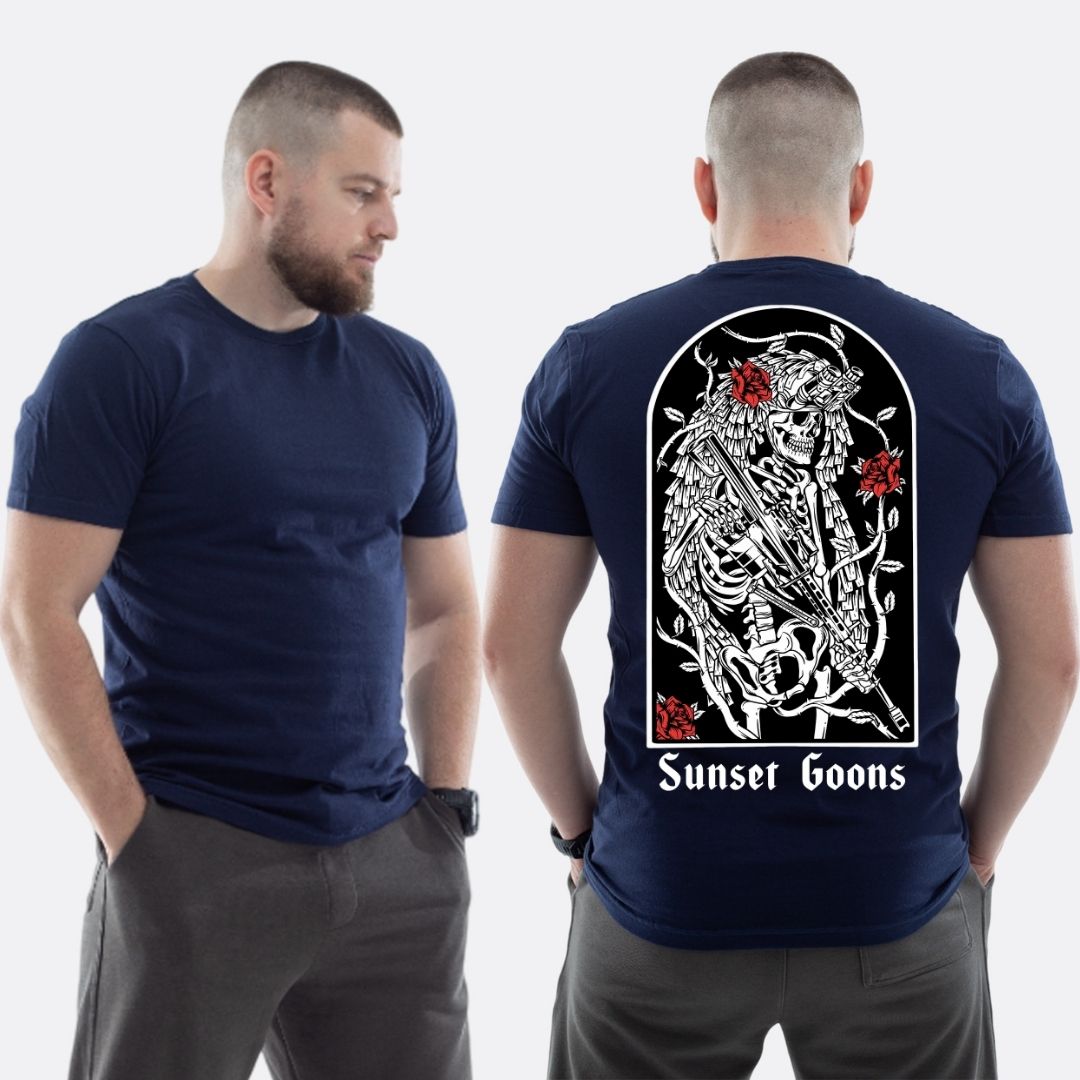 Чоловіча класична футболка з принтом Sunset Goons скелет снайпер та троянди , Темно синій