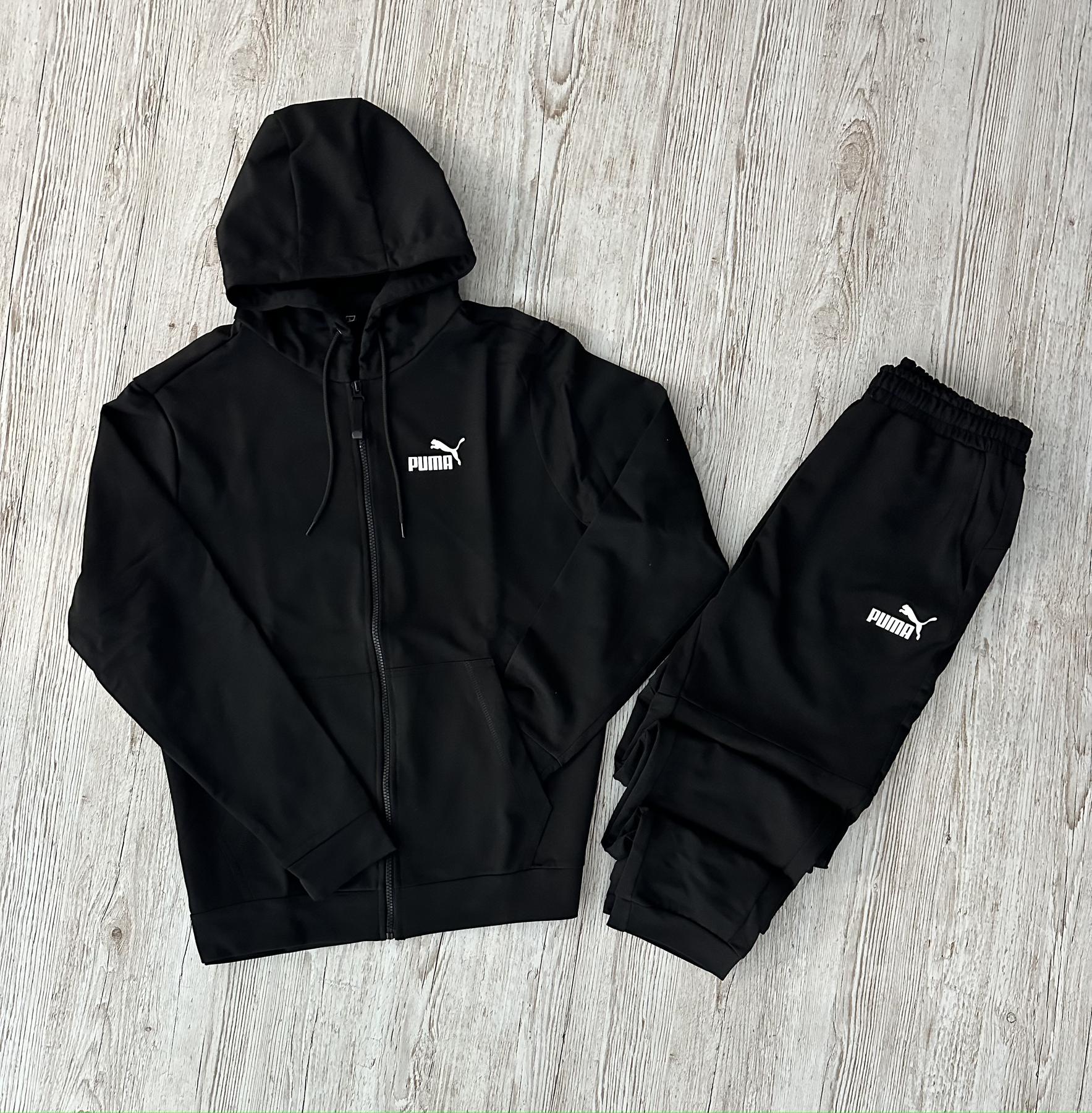 Демисезонный спортивный костюм Puma черная кофта на молнии + штаны (двонитка) + Футболка белая Puma мужской