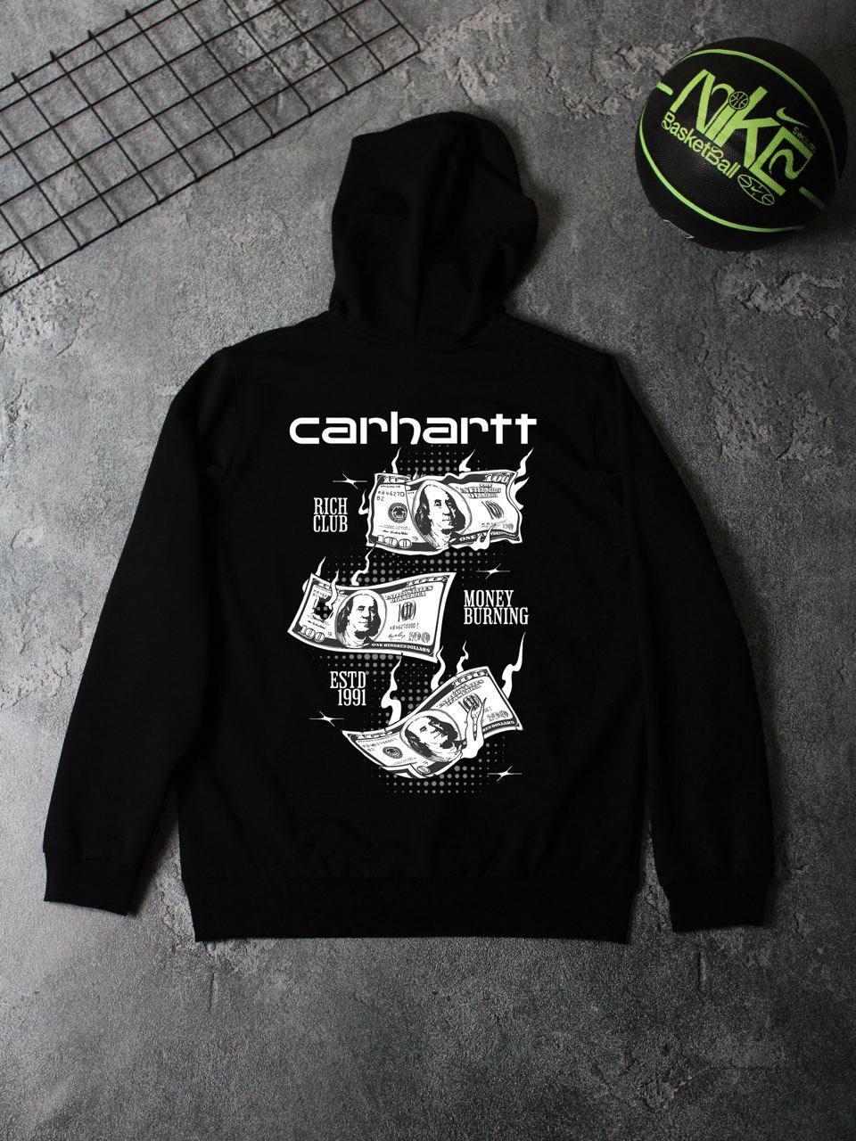 Худи CARHARTT-MONEY осень мужское трикотажное черное повседневное и молодежное с капюшоном в уличном стиле