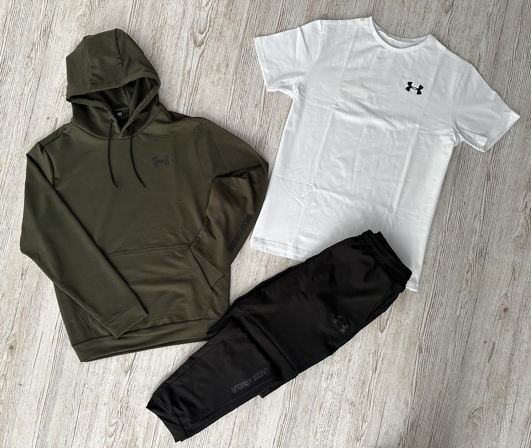 Демісезонний спортивний костюм Under Armour худі хакі + штани (двонитка) + Футболка біла Under Armour + Жилетка + Шкарпетки 2