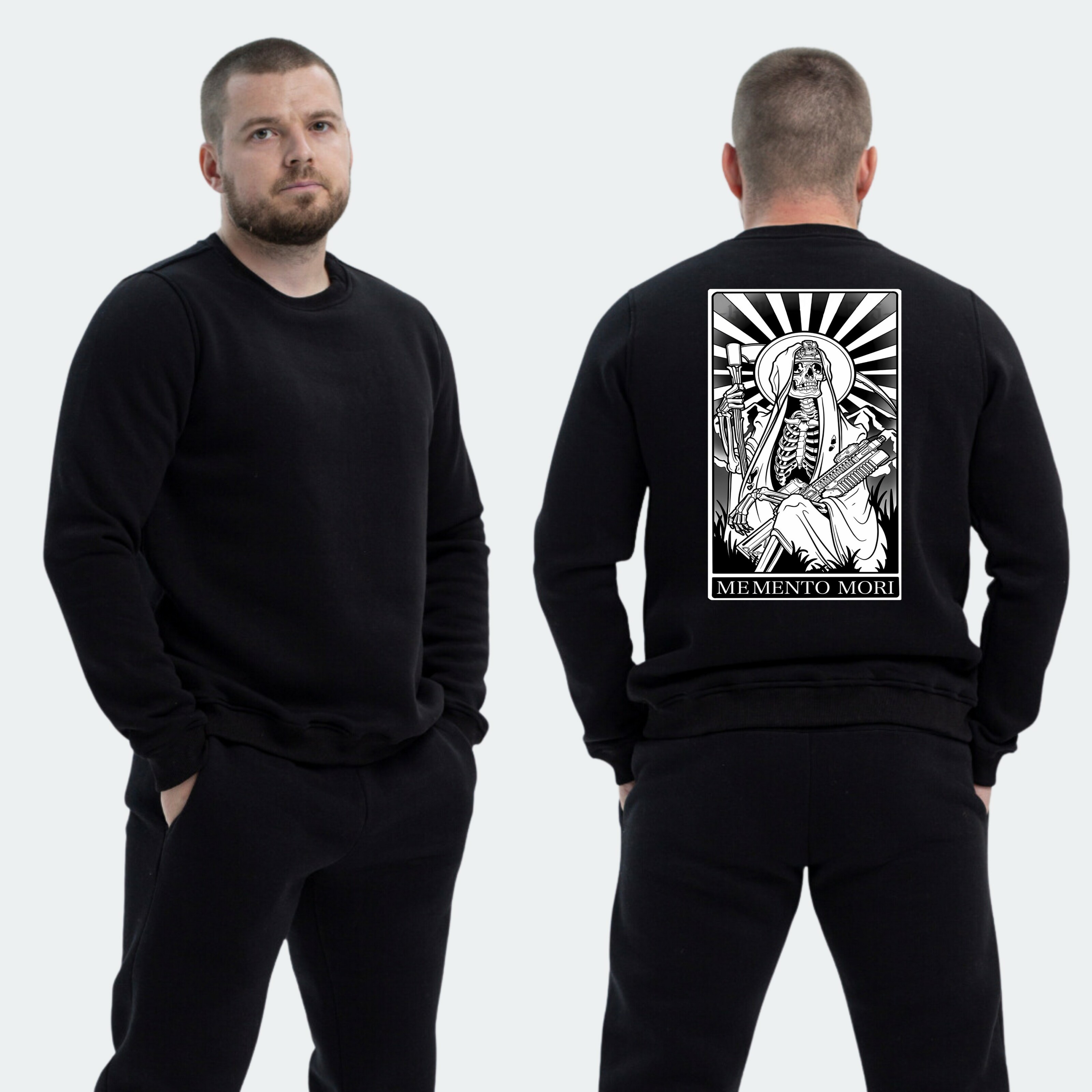 Чоловічий світшот на флісі з принтом Sunset Goons Карта Таро memento mori скелет снайпер, Чорний