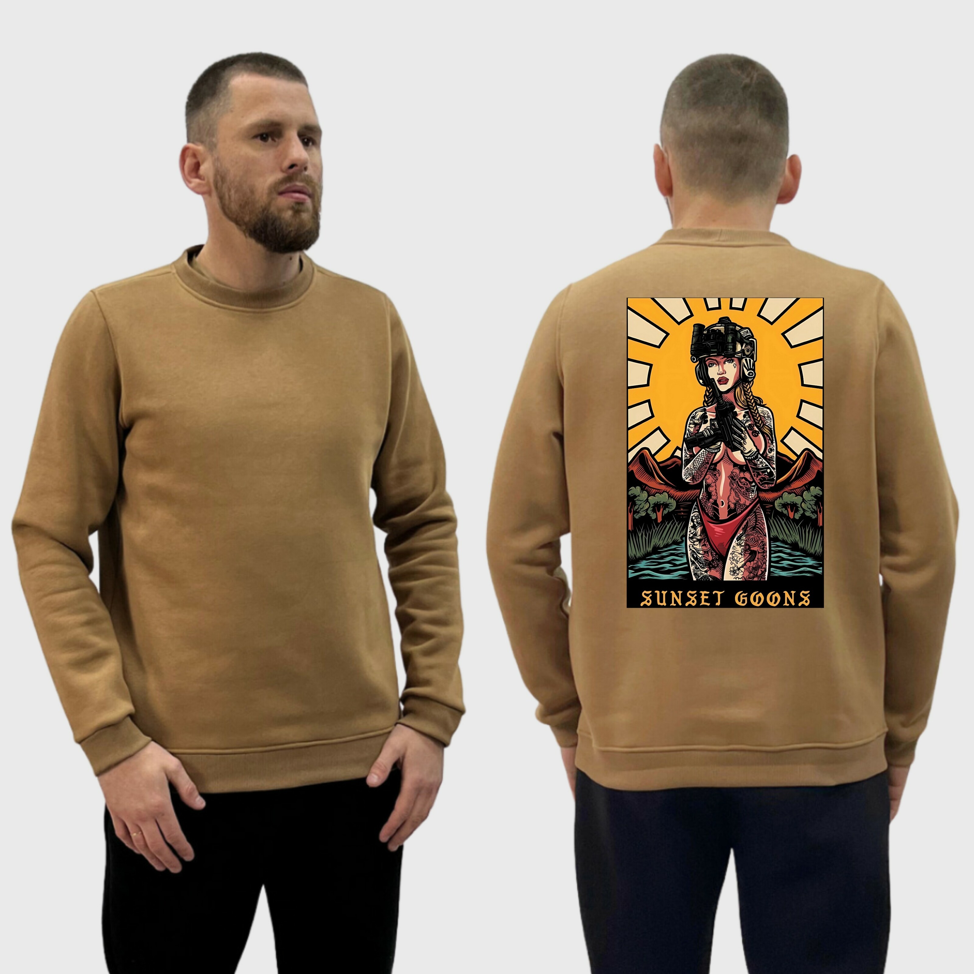Чоловічий світшот на флісі з принтом Sunset Goons дівчина сонце полудень, Койот