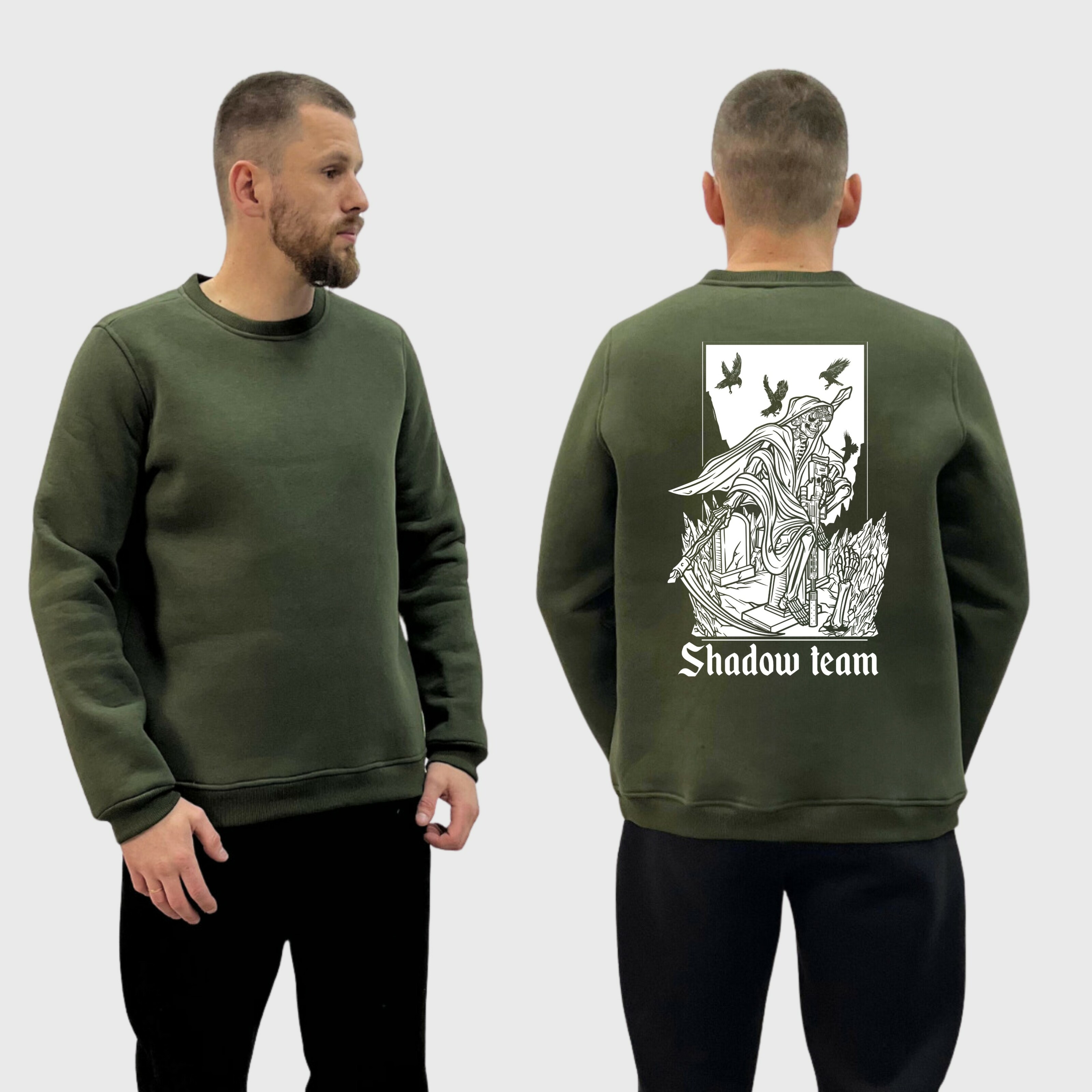 Чоловічий світшот на флісі з принтом Shadow team скелет смерть на кладовищі, Хакі