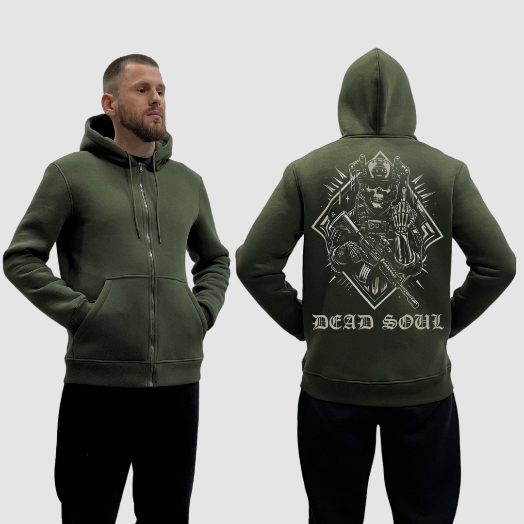 Чоловічий зіп-худі на флісі з принтом Dead soul мертва душа скелет показує фак, Хакі