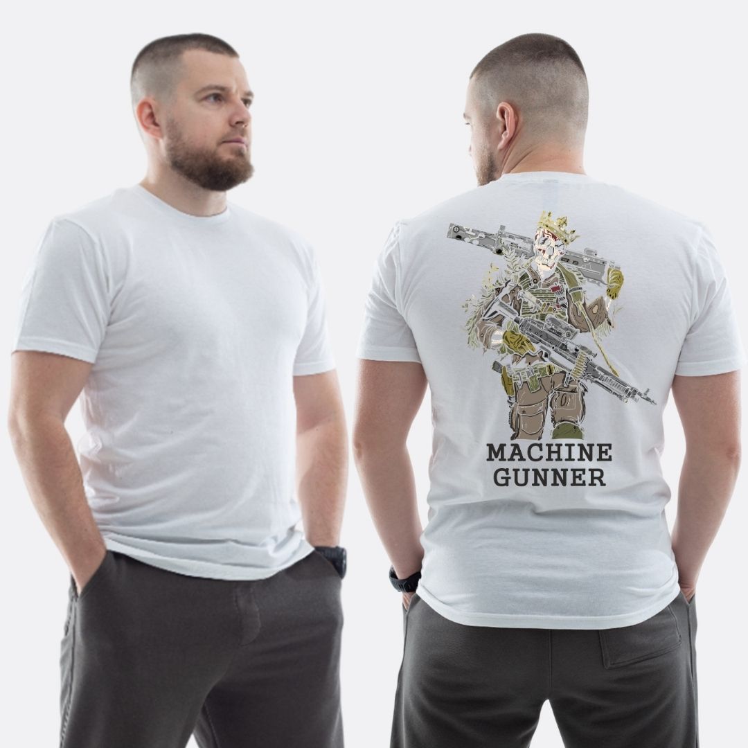 Чоловіча класична футболка з принтом Machine gunner мінометник скелет з мінометом , Білий