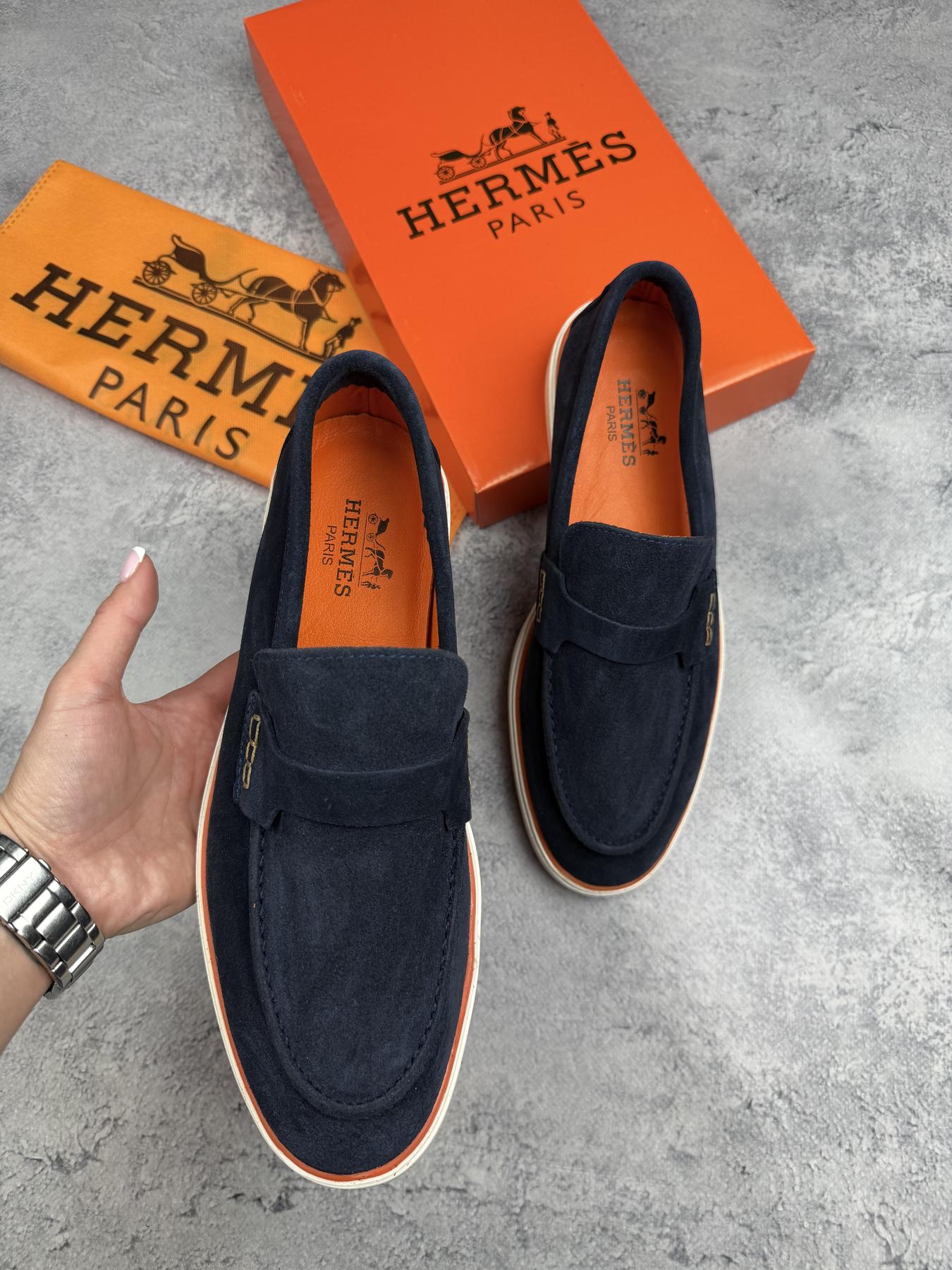 Лофери Hermes (темно сині) чоловічі демісезонні актуальні та повсякденні класичні для офісу туфлі мокасини