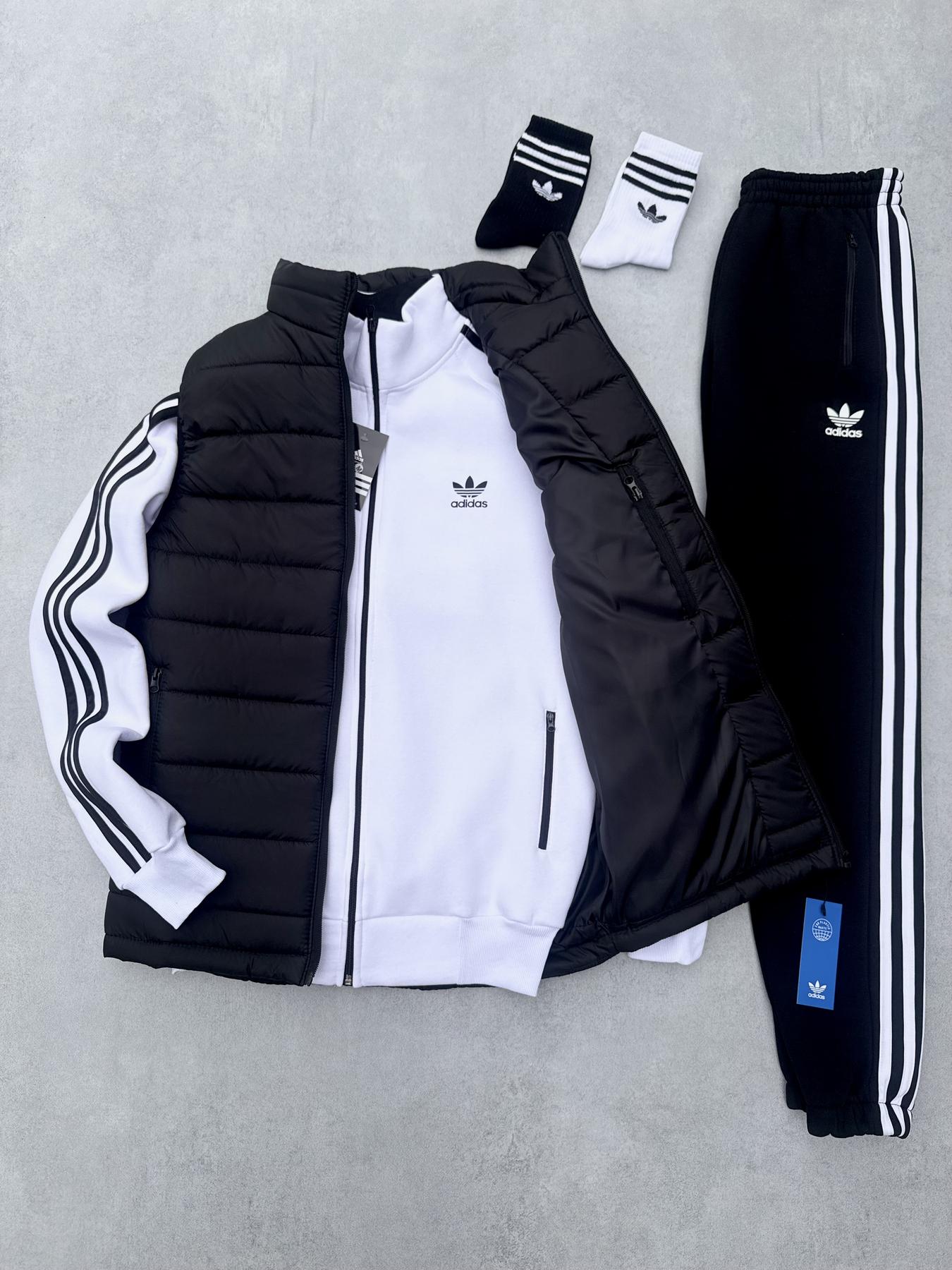 Зима жилет кофта штаны Adidas бело-черный мужской хлопковый модный спортивный на молнии на флисе безрукавка