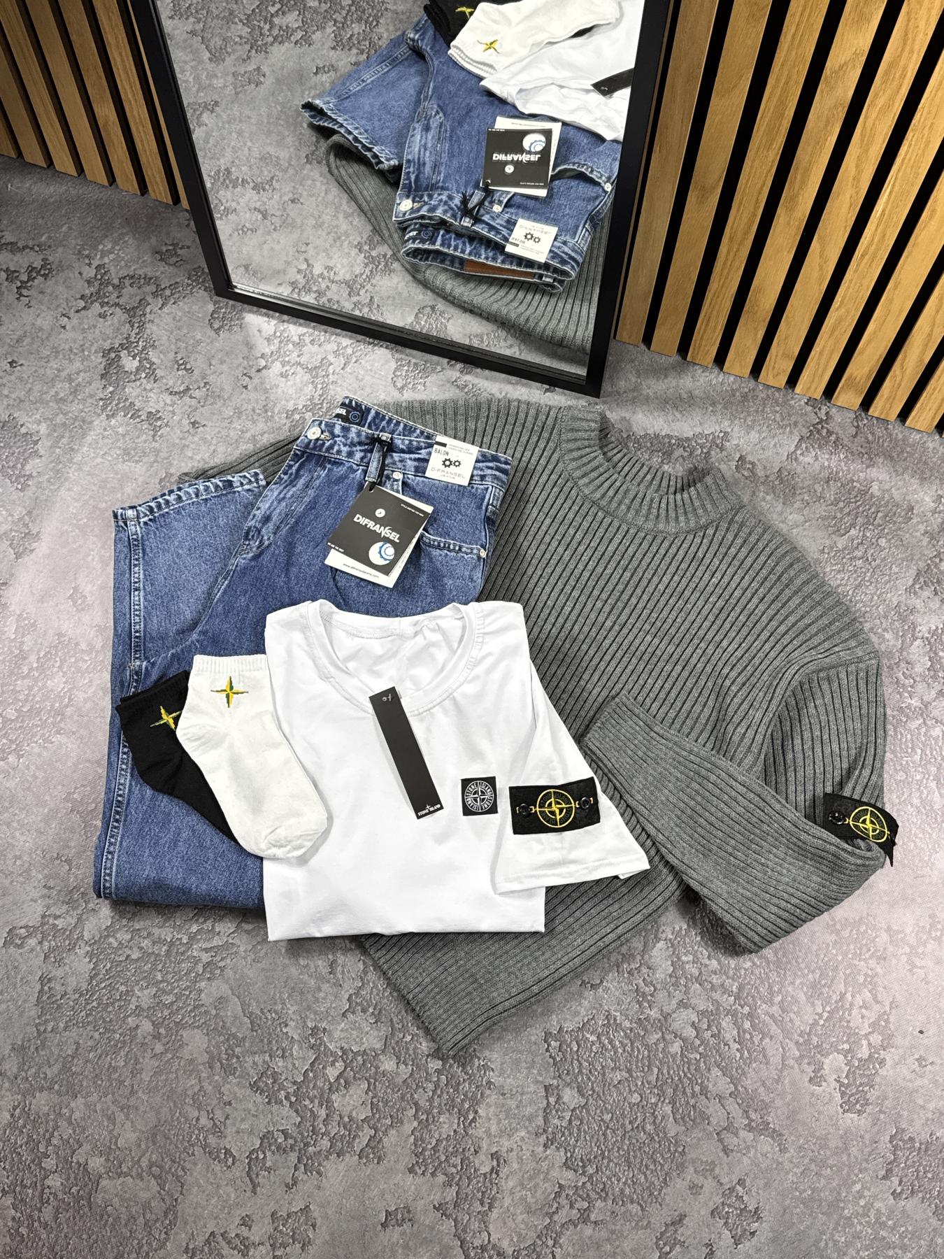 Комплект Свитшот вязаный Stone Island + Джинсы Jogger + Футболка серый демисезонный модный и актуальный костюм