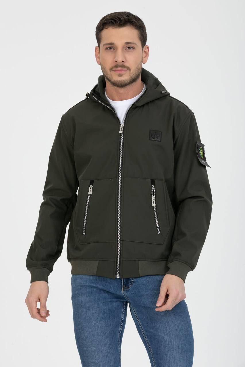 Куртка softshell осень / весна Stone Island мужская цвета хаки модная и молодежная на молнии ветровка