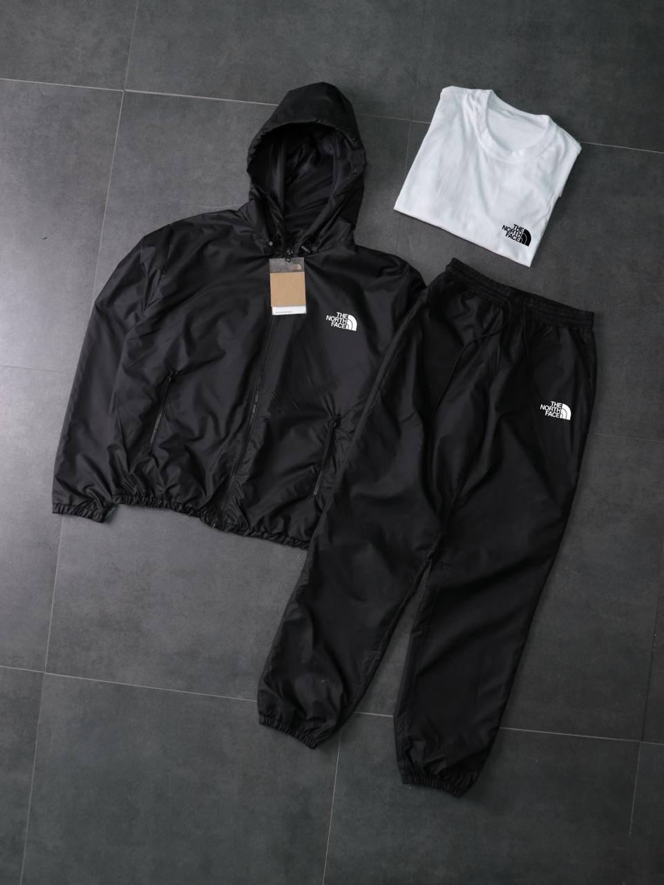 Костюм чорний з плащівки Вітровка+Штани +Футболка біла The North Face-мал демісезонний універсальний комплект