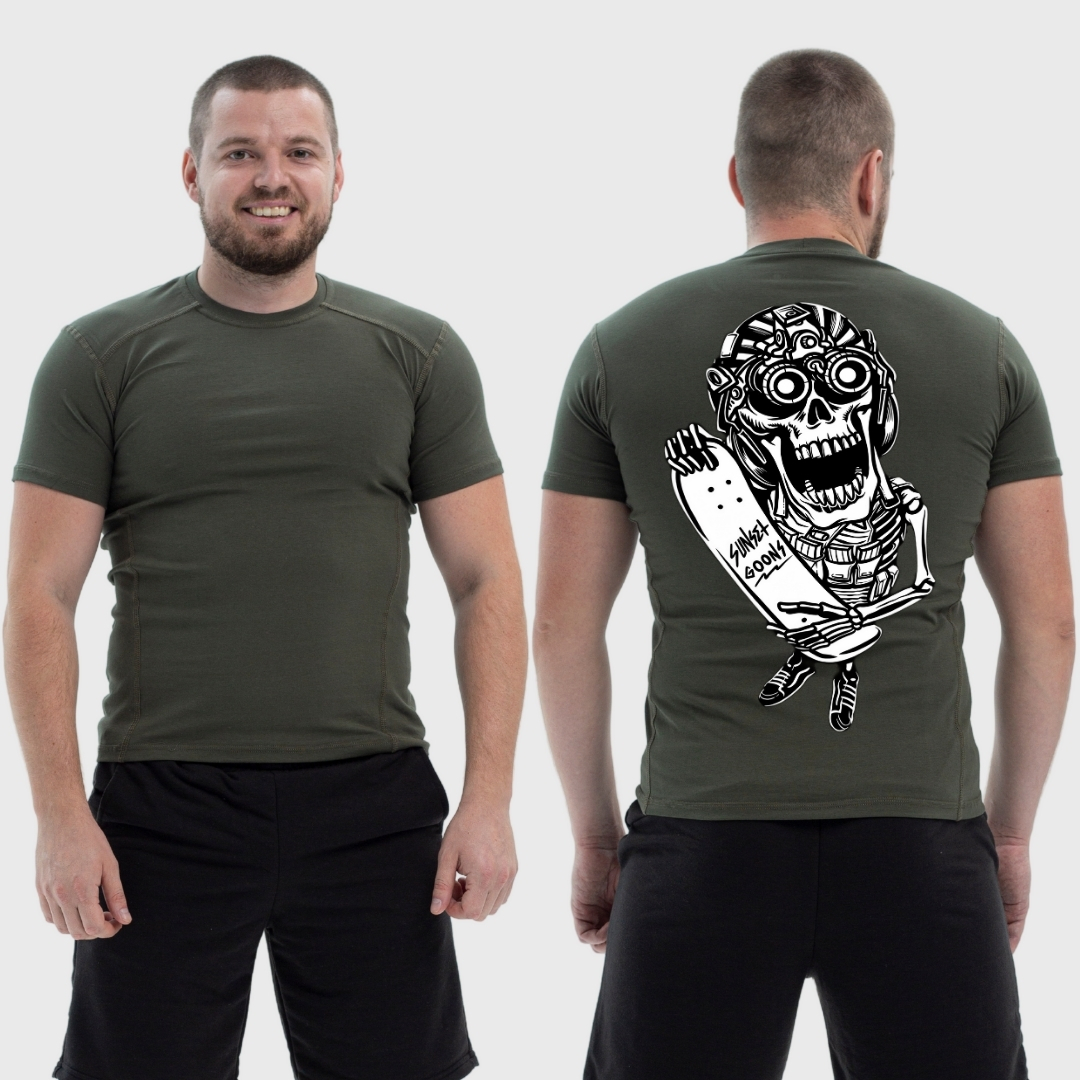 Чоловіча тактична футболка з принтом Sunset Goons скелет зі скейтом, Хакі