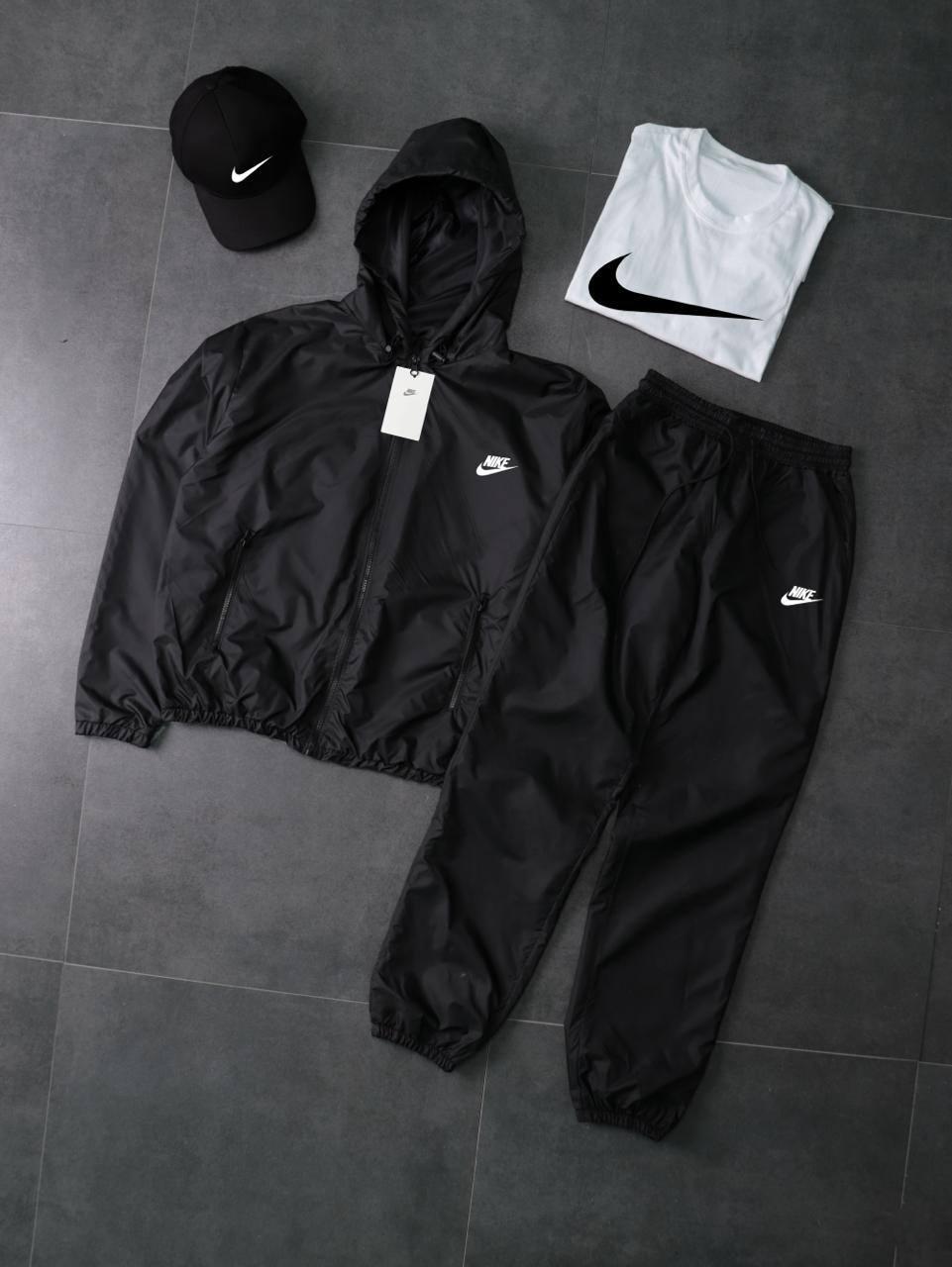 Костюм чорний з плащівки Вітровка+Штани +Футболка біла+Кепка чорна Nike-мал демісезонний зручний комплект