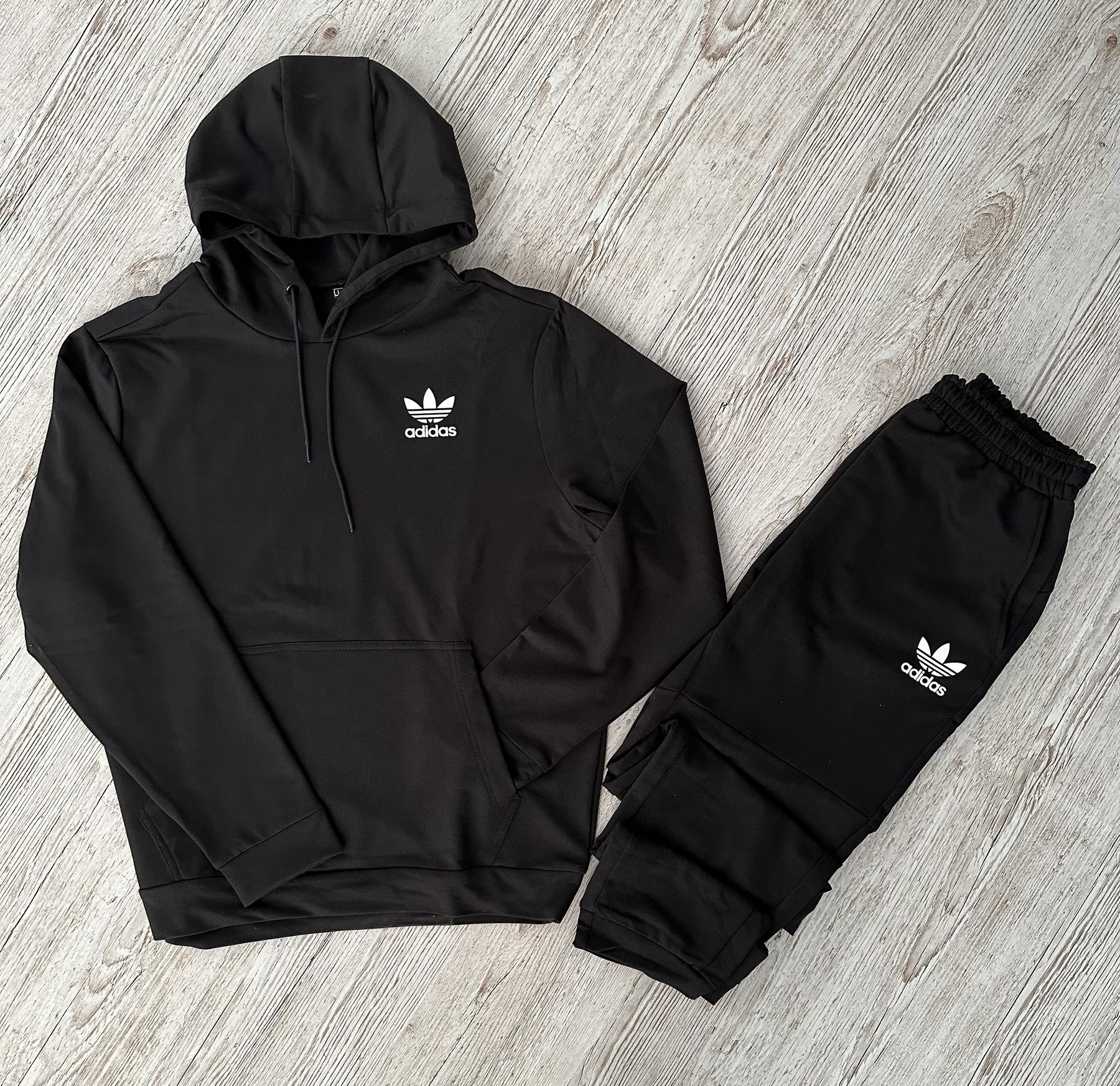 Демисезонный спортивный костюм Adidas черный худи + штаны (двонитка) + Футболка черная Adidas мужской двунитка