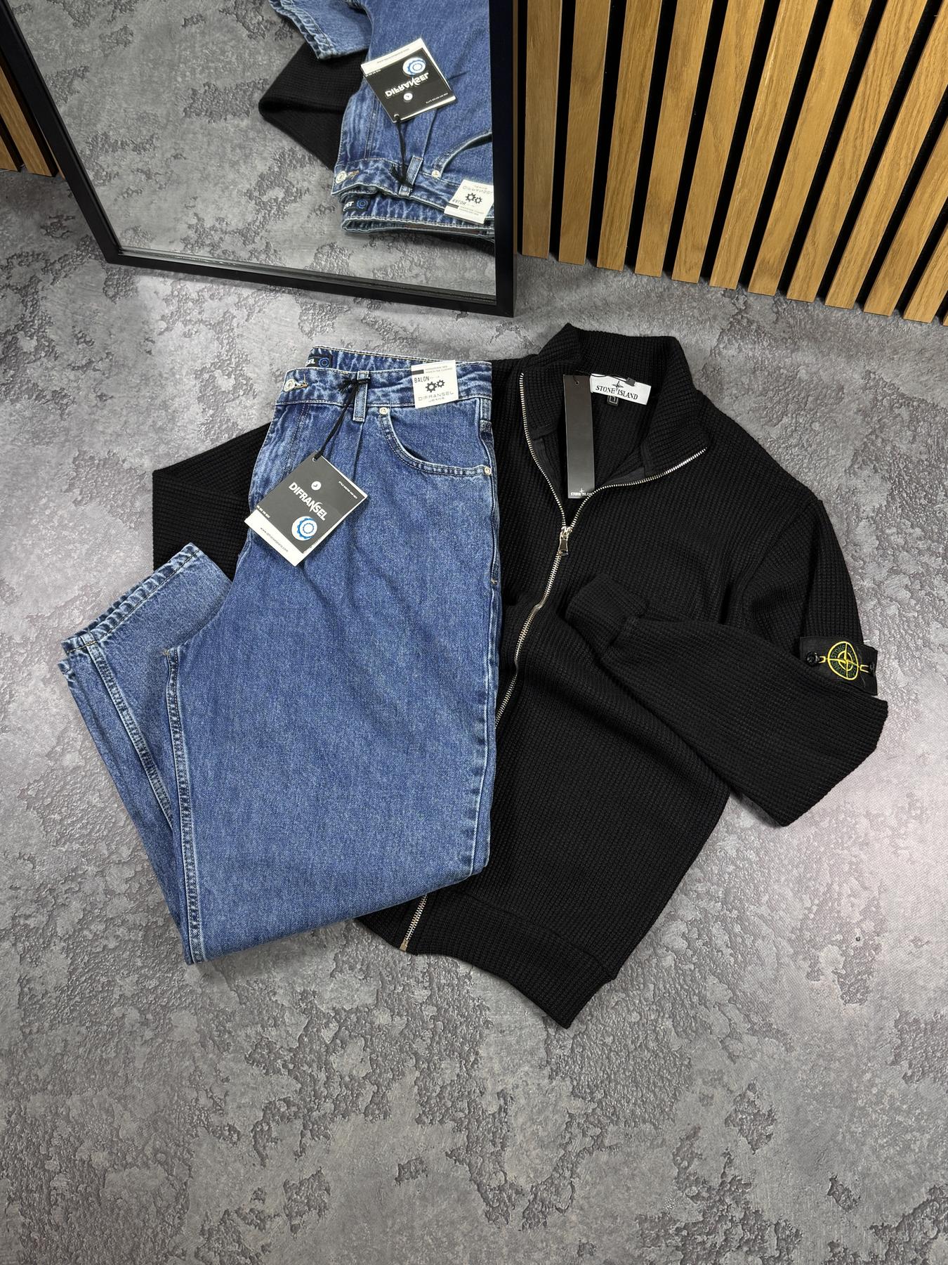 Комплект Кофта в'язана Stone Island + Джинси Jogger чорний демісезонний стильний та актуальний костюм
