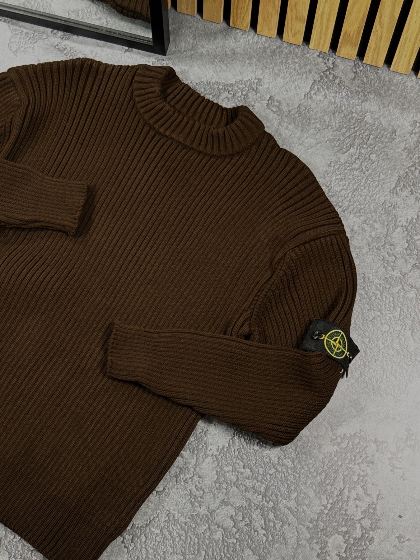 Світшот в'язаний Stone Island чоловічий трикотажний коричневий всесезонний стильний вільний кофта без капюшона реглан