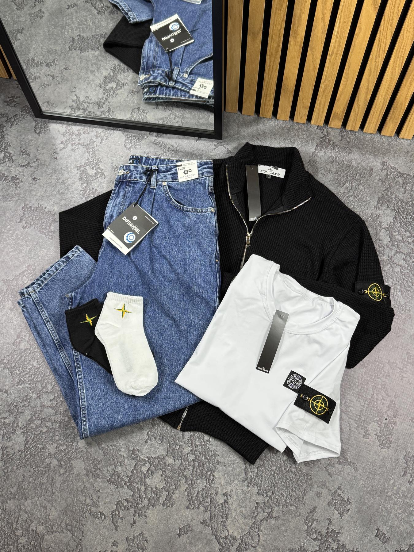 Комплект Кофта в'язана Stone Island + Джинси Jogger + Футболка чорний демісезонний стильний на блискавці костюм