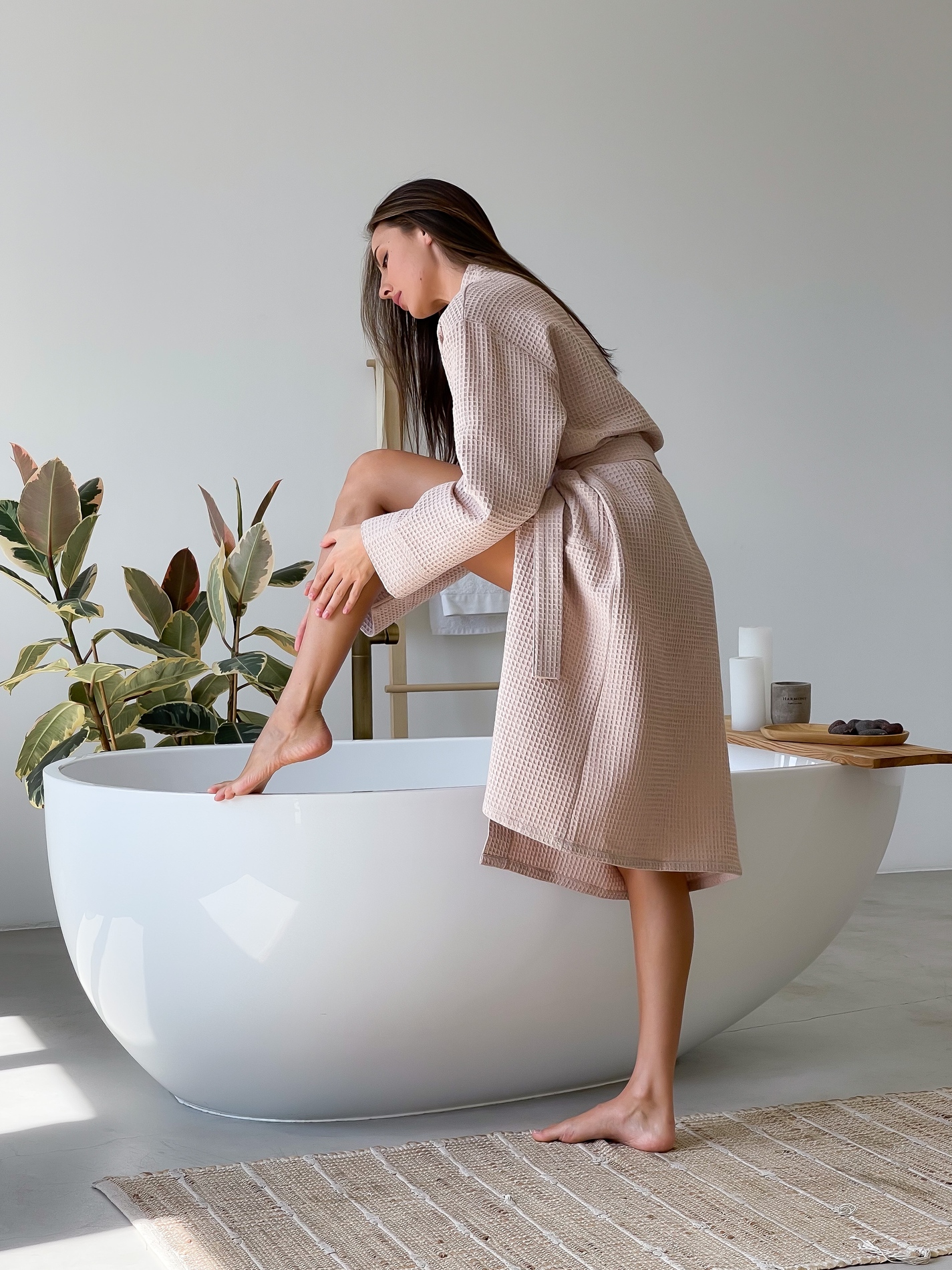 Жіночий вафельний халат COSY довгий бежевий - фото 7