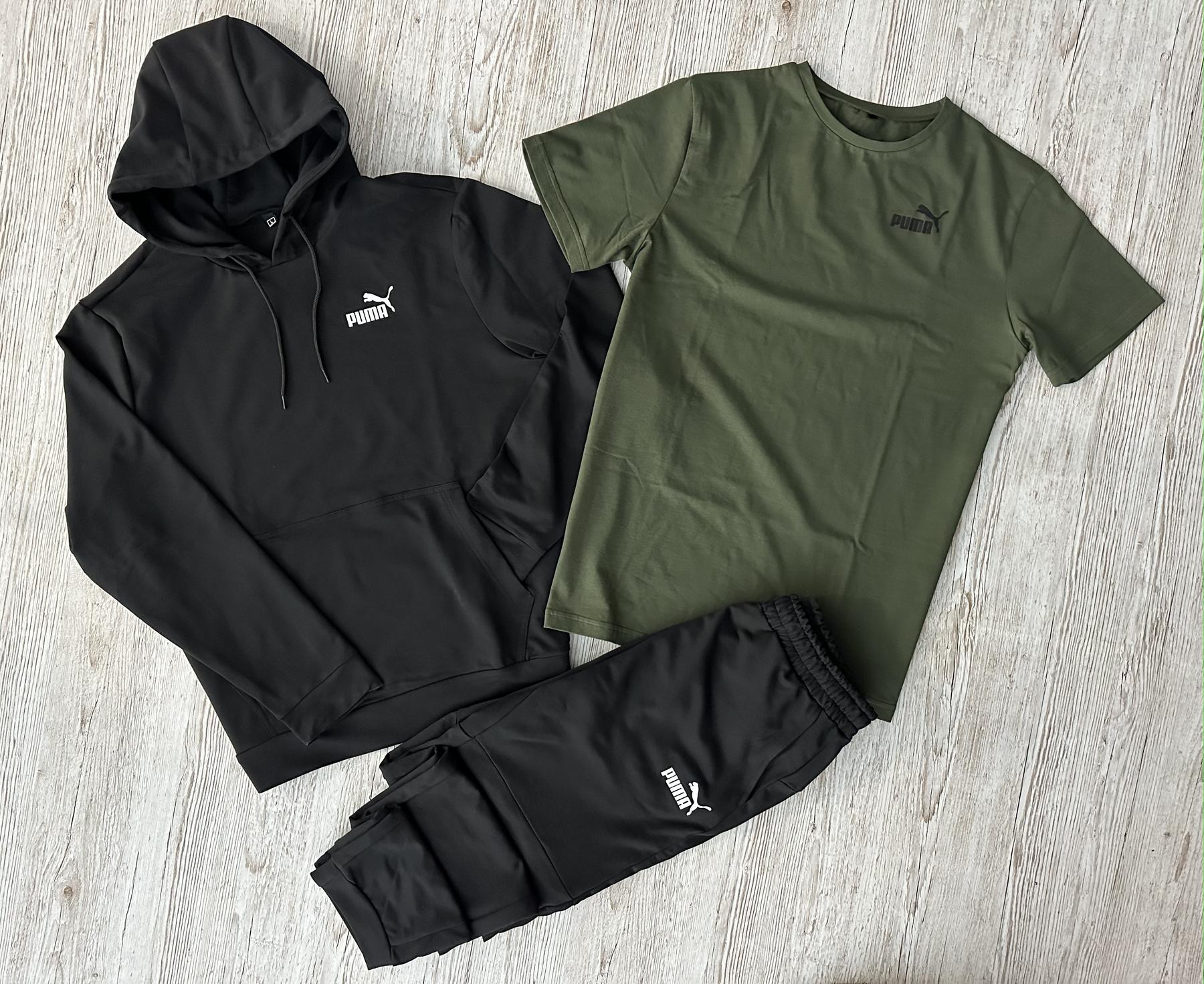 Демисезонный спортивный костюм Puma черный худи + штаны (двонитка) + Футболка хаки Puma + Жилетка + Носки 2