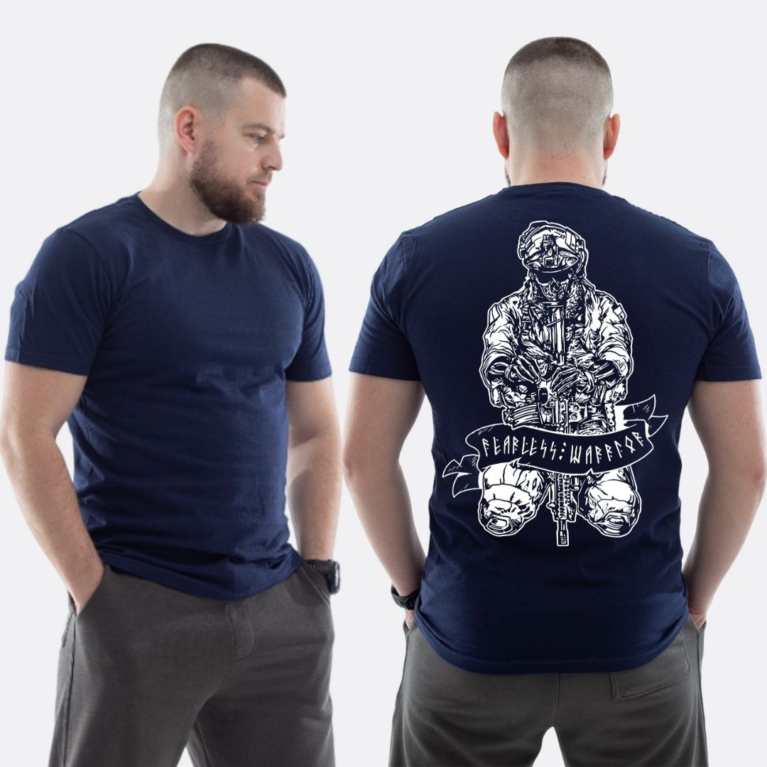 Чоловіча класична футболка з принтом Warrior військовий руни автомат гвинтівка , Темно синій