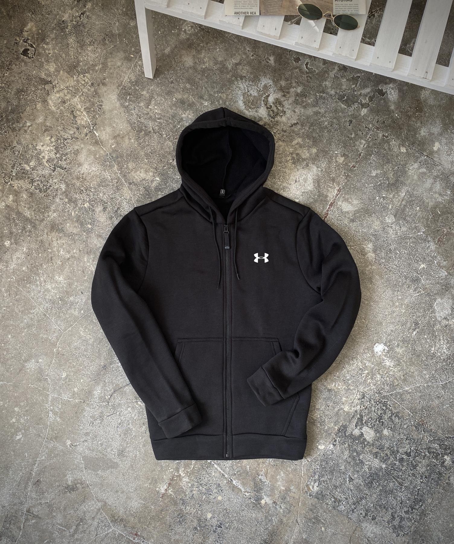 Зимова кофта на змійці з начосом Under Armour чоловіча чорна тринитка якісна тепла з капюшоном реглан джемпер
