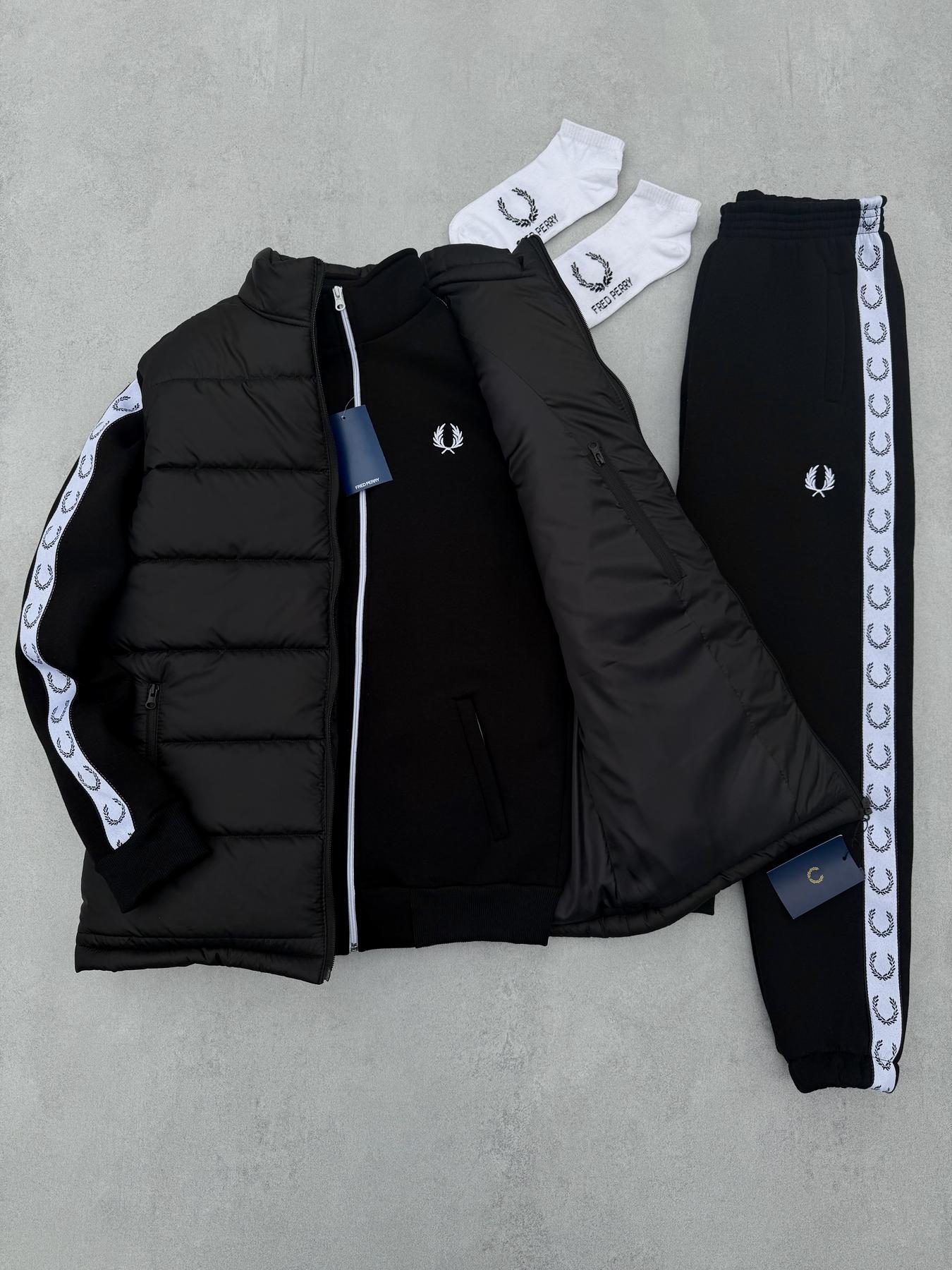 Набор Зима Fred Perry жилет кофта штаны лампас унисекс хлопковый черный оригинальный и яркий для дома комплект