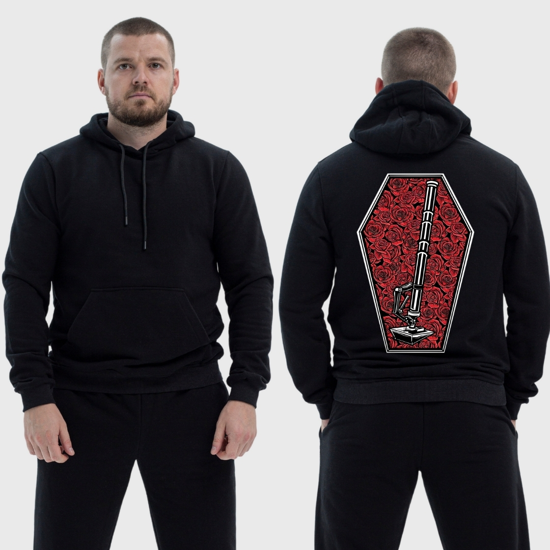 Чоловічий легкий худі з принтом Sunset Goons міномет у труні з трояндами, Чорний