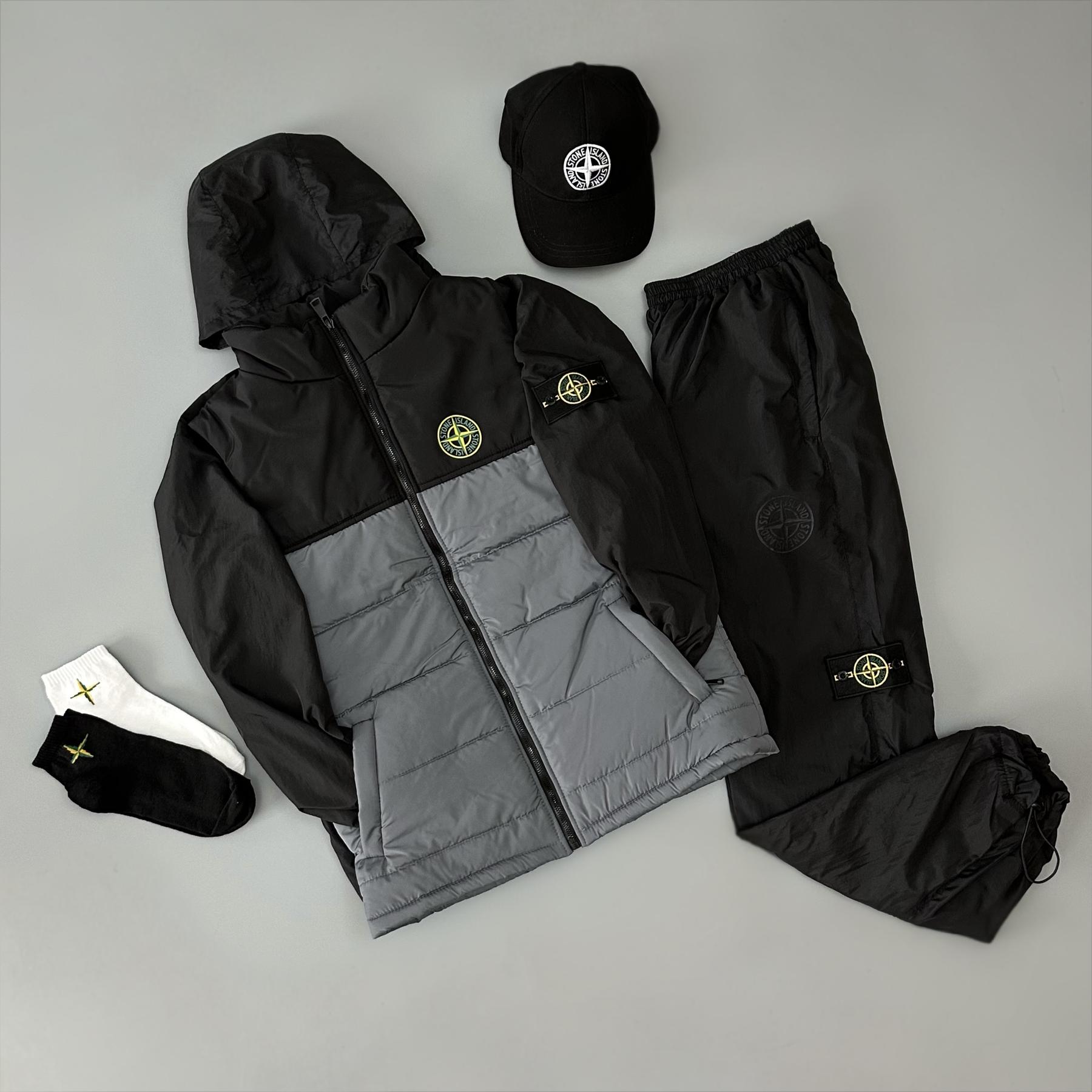 Костюм с плащевки+жилетка+кепка+носки в подарок Stone Island черный демисезонный модный с вышивкой комплект