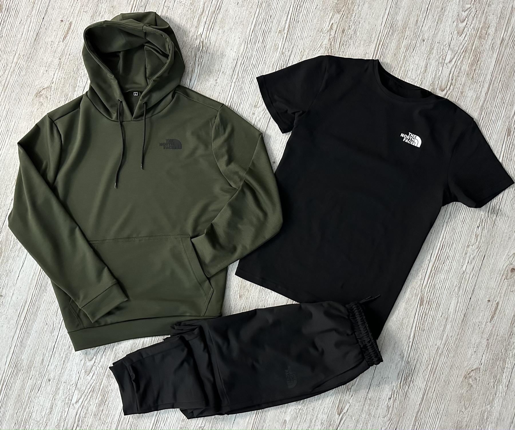 Демісезонний спортивний костюм The North Face худі хакі + штани (двонитка) + Футболка чорна The North Face + Жилетка +