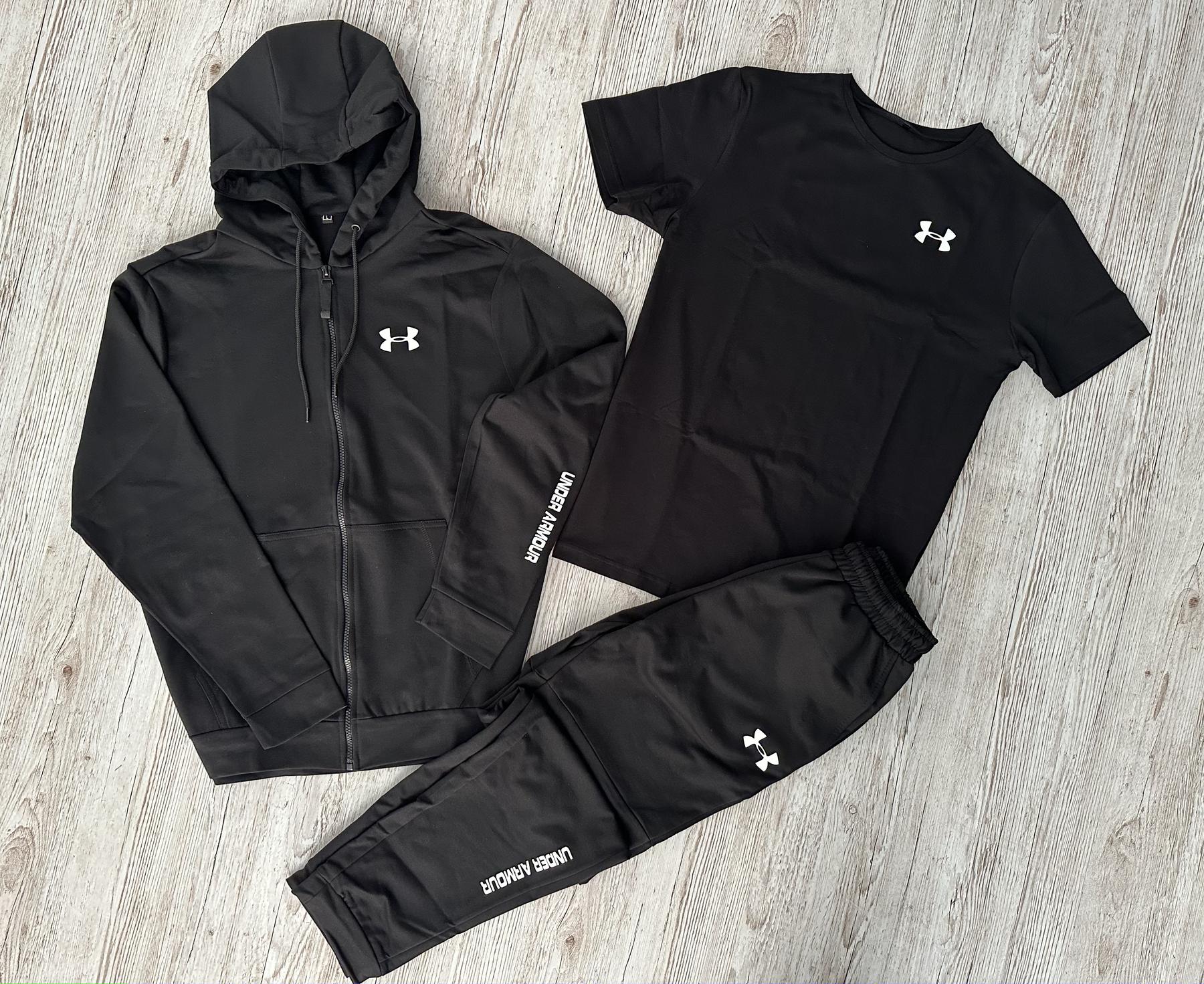 Демисезонный спортивный костюм Under Armour черная кофта на молнии + штаны (двонитка) + Футболка черная Under