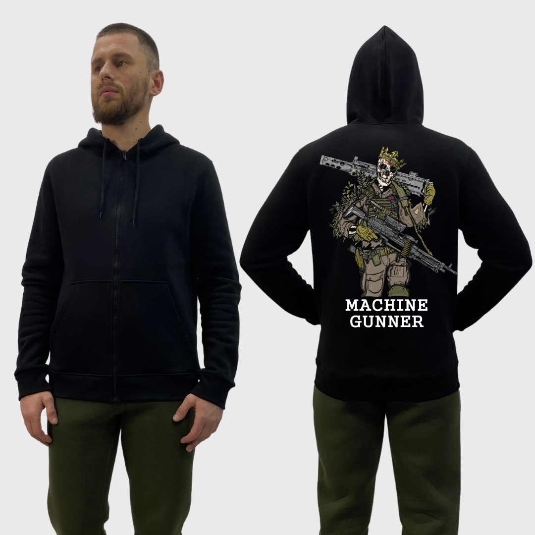 Чоловічий зіп-худі на флісі з принтом Machine gunner мінометник скелет з мінометом, Чорний