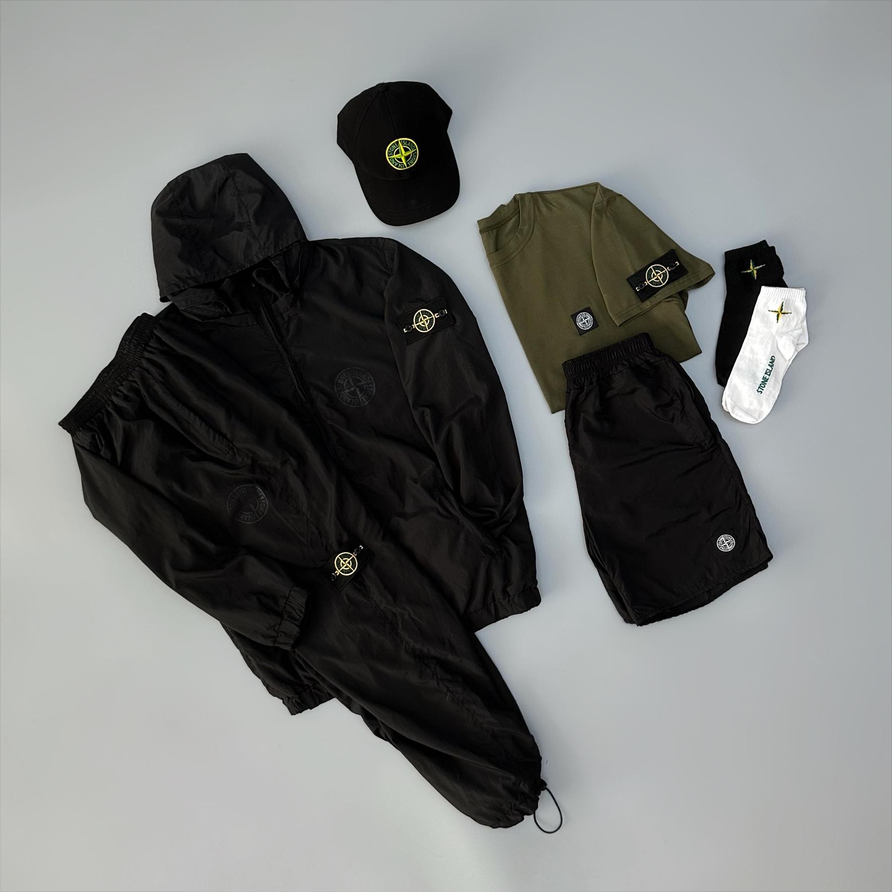 Костюм з плащівки Stone Island + футболка патч + кепка + шкарпетки + шорти з плащівки кольору хакі демісезонний з капюшоном