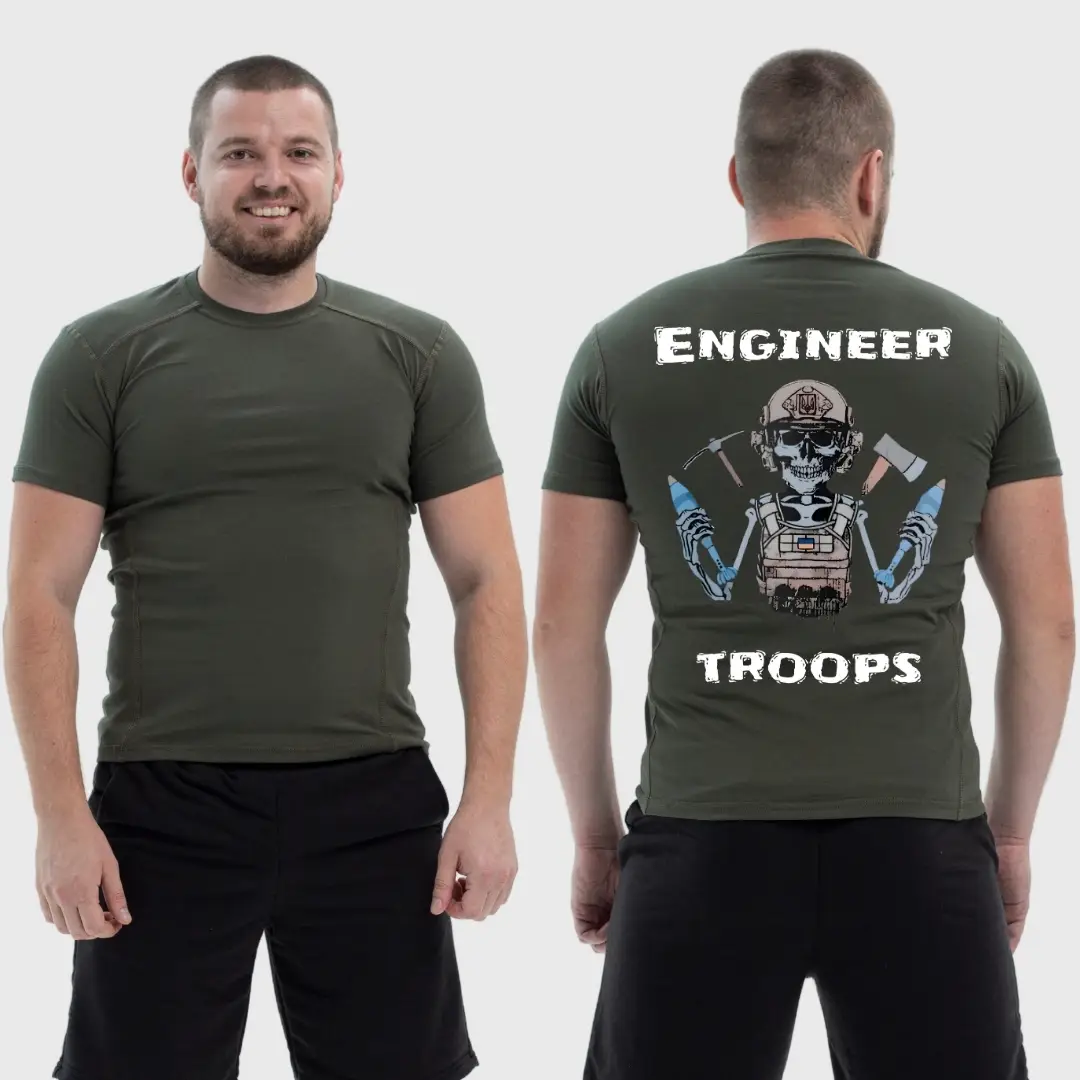 Чоловіча тактична футболка з принтом Engineer troops скелет з мінами тризуб прапор України, Хакі
