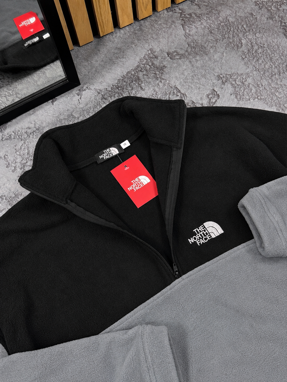 Флісовий анорак The North Face чорно-сірий чоловічий зимовий якісний спортивний на блискавці вітровка