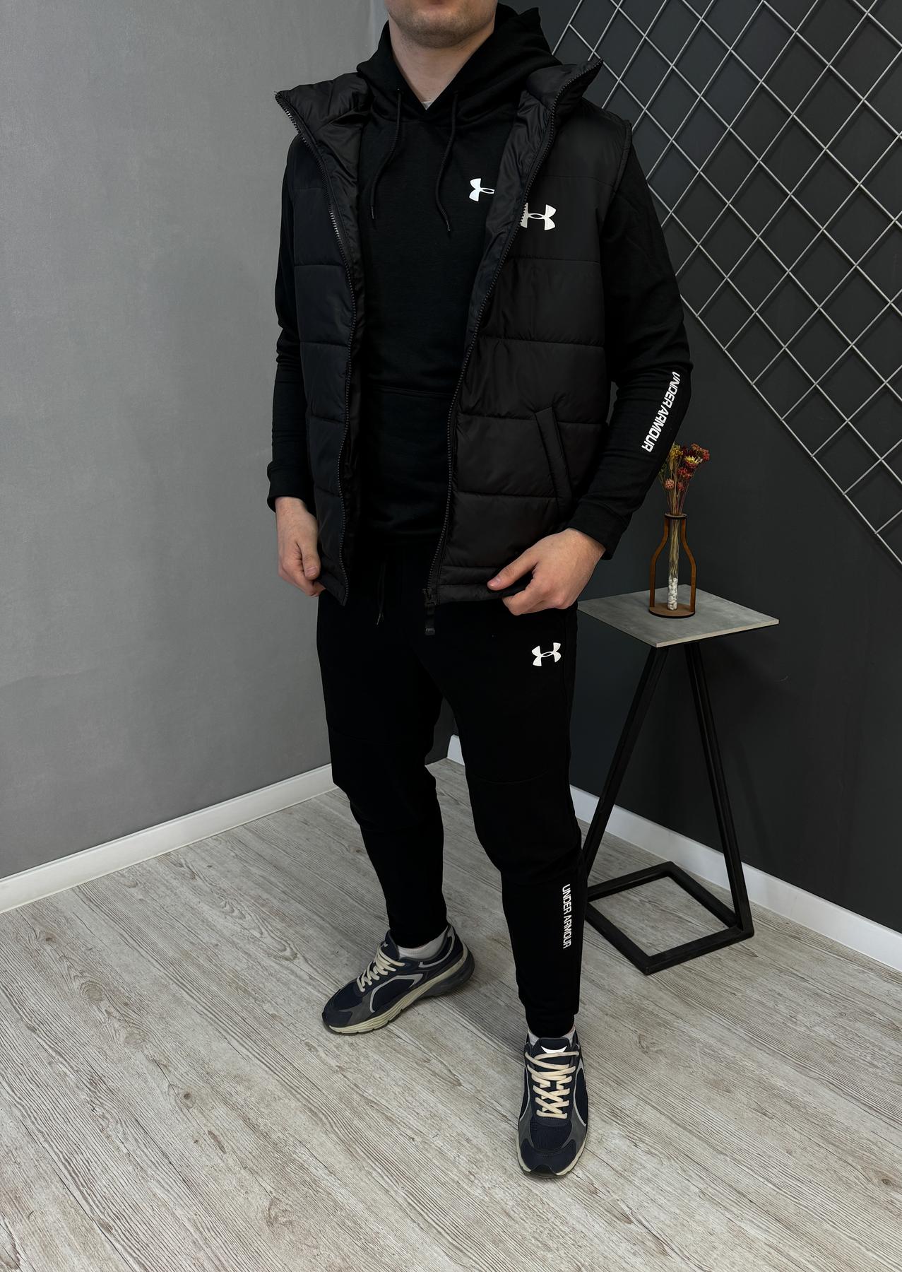 Демісезонний костюм худі/штани + жилетка Under Armour чоловічий чорний плащівка молодіжний з капюшоном комплект