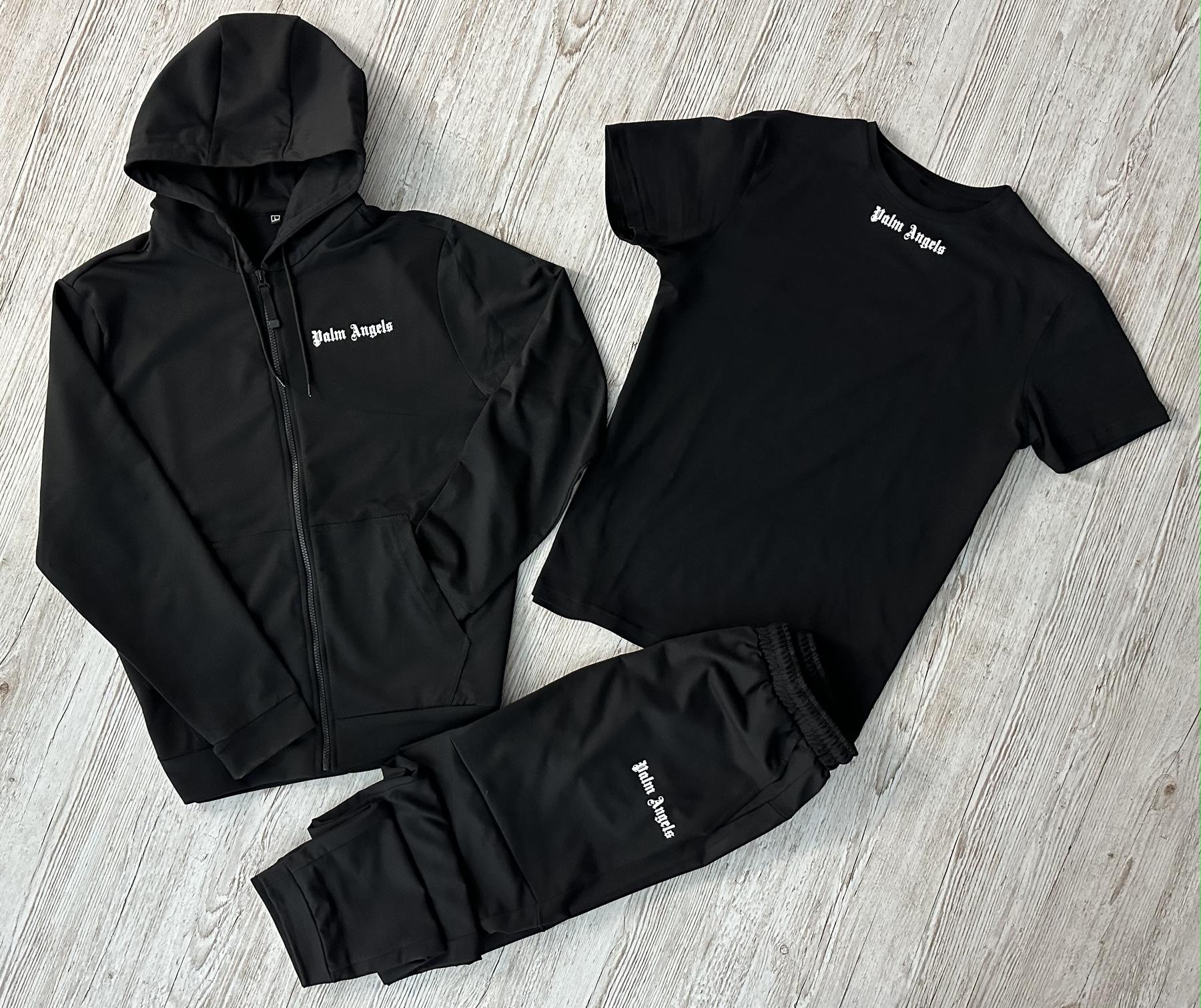 Демисезонный спортивный костюм Palm Angels черная кофта на молнии + штаны (двонитка) + Футболка черная Palm
