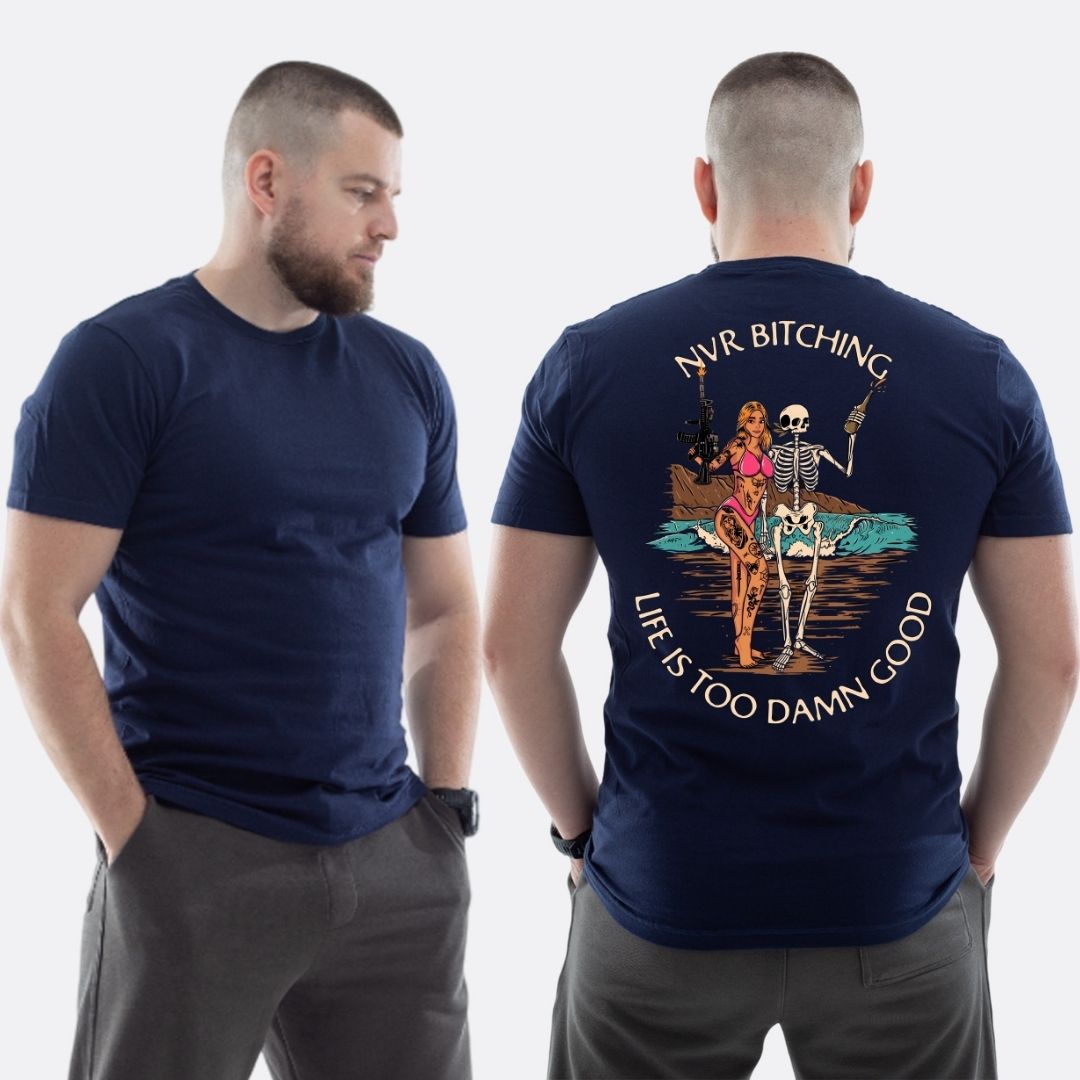 Чоловіча класична футболка з принтом Sunset Goons дівчина та скелет , Темно синій