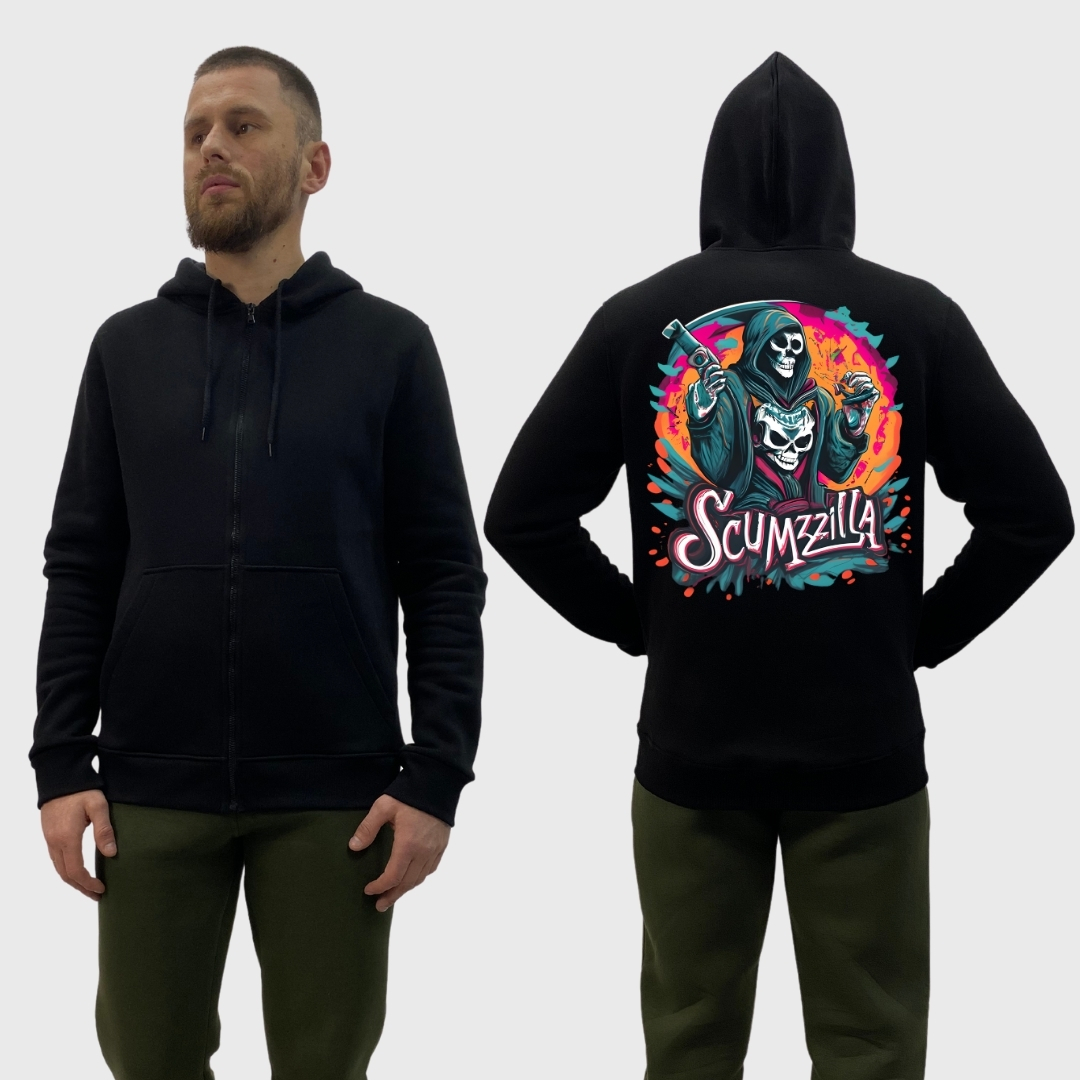 Чоловічий зіп-худі на флісі з принтом Scumzilla скелет у балахоні кольоровий арт, Чорний