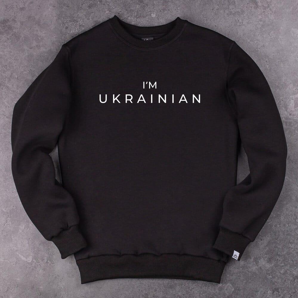 Свитшот Pobedov 007 зима - наклейка белая I'M UKRAINIAN Черный мужской хлопковый с принтом кофта без капюшона