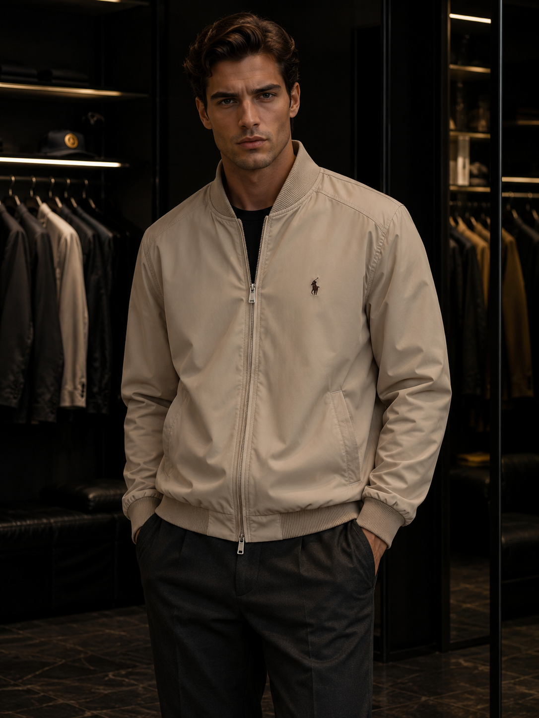Ralph Lauren ( с наповнювачем холофайбер) бєж мужская куртка плащевка демисезонная базовая на молнии ветровка
