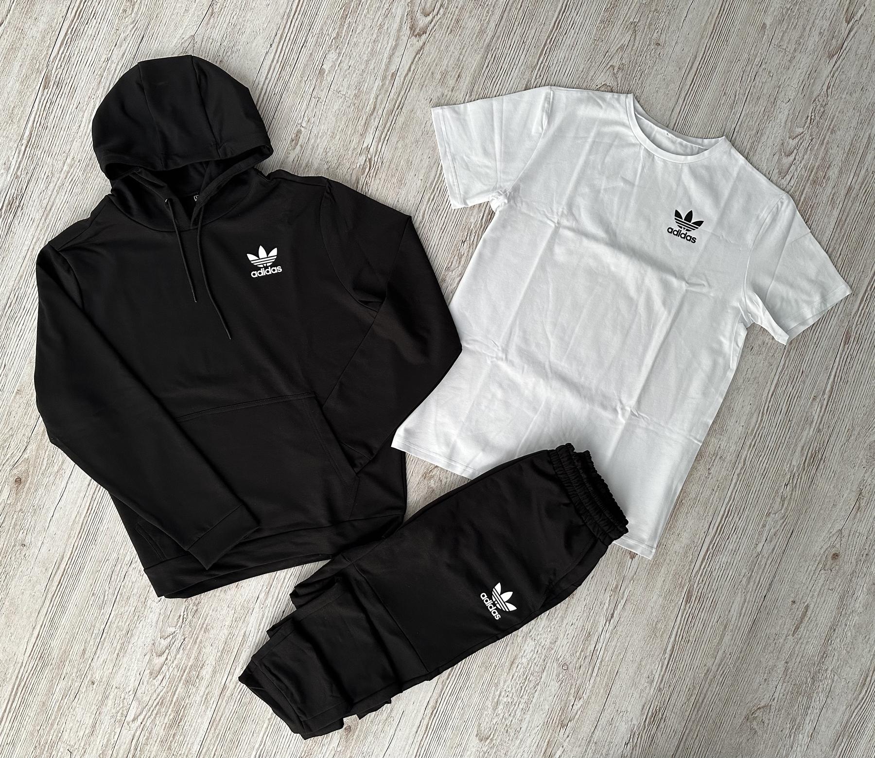 Демісезонний спортивний костюм Adidas чорний худі + штани (двонитка) + Футболка біла Adidas + Жилетка + Шкарпетки 2 пари