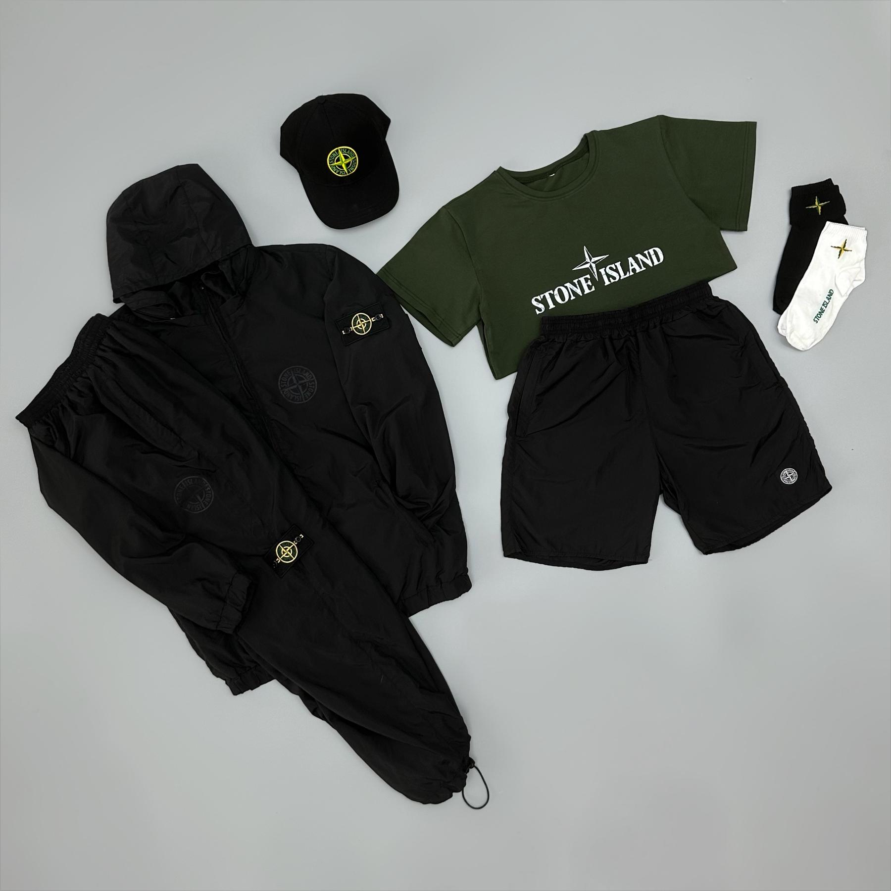 Костюм с плащевки Stone Island + футболка + кепка + носки + шорты с плащевки цвета хаки демисезонный комплект