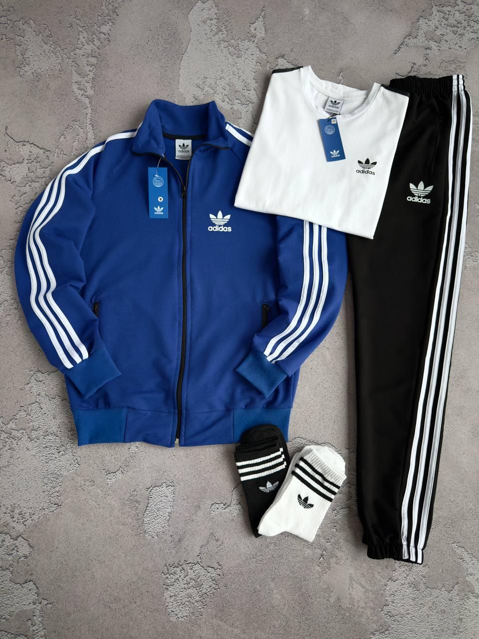 Набор Adidas кофта синяя штаны черные футболка белая хлопковый всесезонный качественный и прикольный комплект