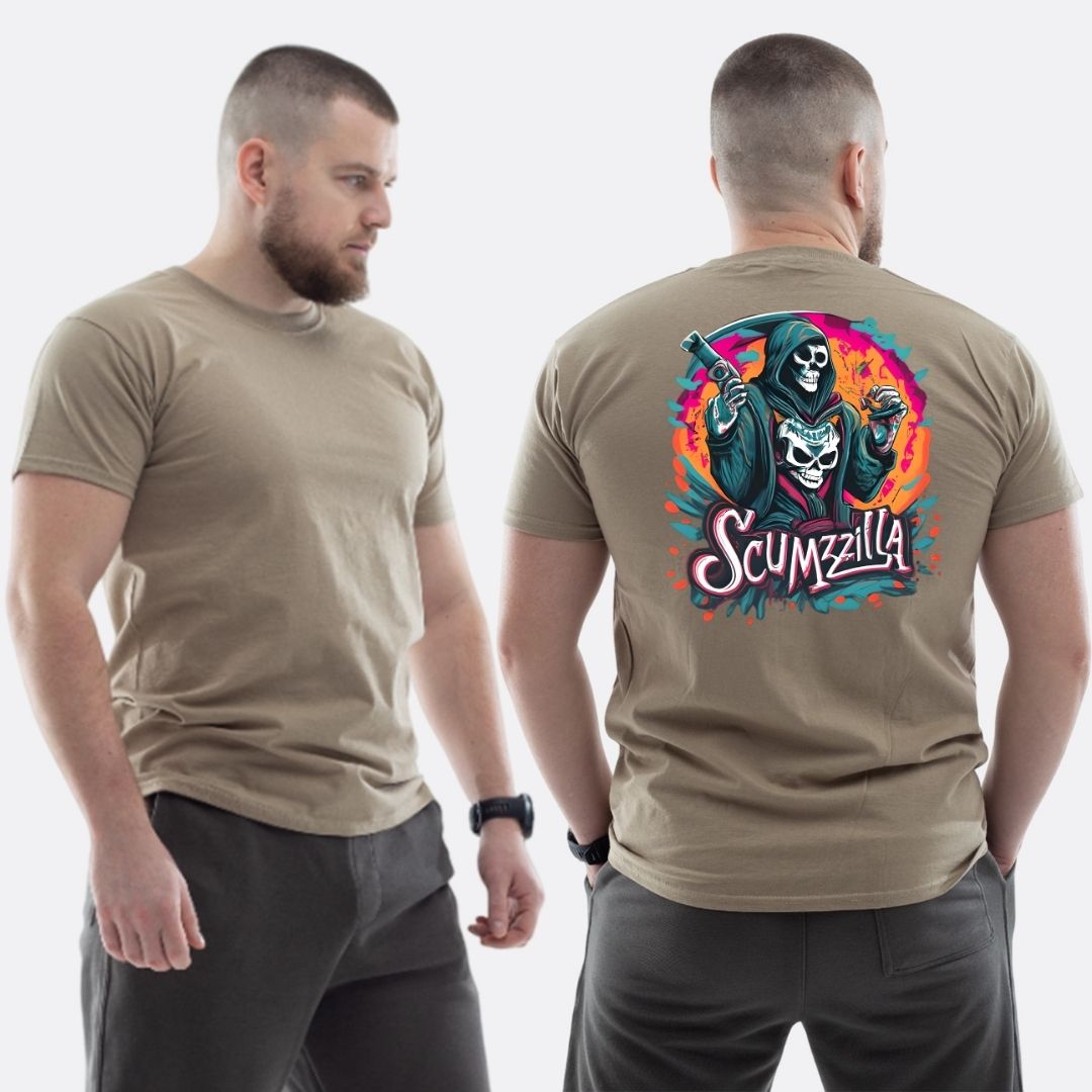 Чоловіча класична футболка з принтом Scumzilla скелет у балахоні кольоровий арт , Бежевий
