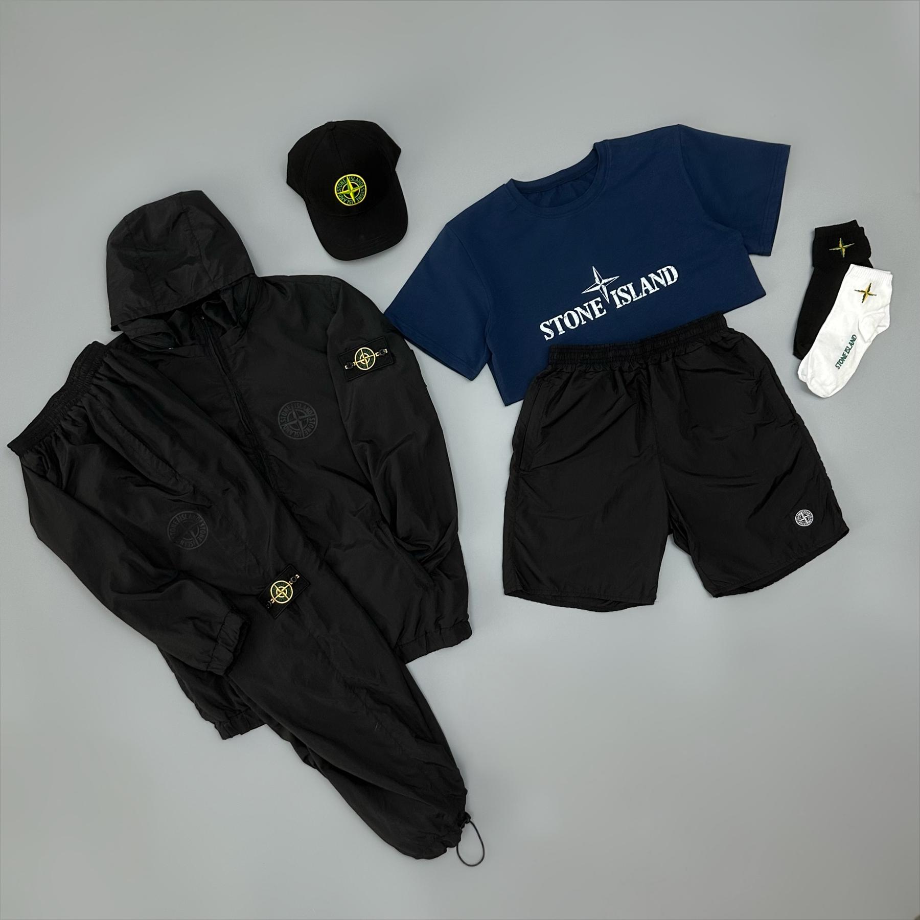 Костюм с плащевки Stone Island + футболка + кепка + носки + шорты с плащевки синий демисезонный с вышивкой