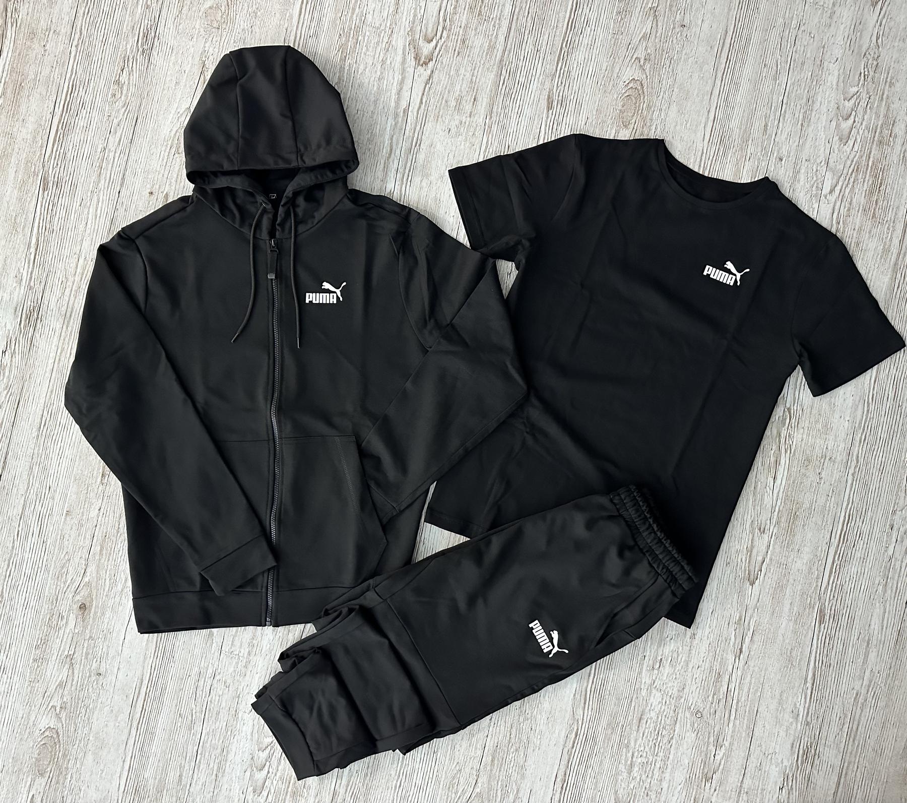 Демисезонный спортивный костюм Puma черная кофта на молнии + штаны (двонитка) + Футболка черная Puma +